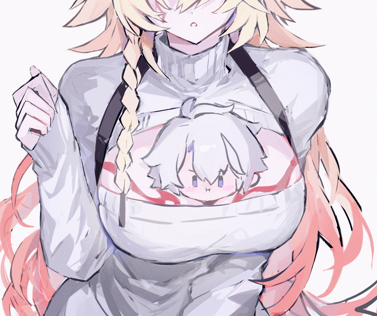 mydei (honkai: star rail), phainon (honkai: star rail), honkai: star rail, honkai (series), 1boy, 1girl, antenna hair, between breasts, blonde hair, blue eyes, braid, breast tattoo, breasts, character doll, cleavage cutout, clothing cutout, doll, dress, facial tattoo, genderswap, genderswap (mtf), gradient hair, large breasts, long hair, mini person, miniboy, multicolored hair, red hair, red tattoo, short hair, side braid, sweater, sweater dress, tattoo, turtleneck, turtleneck sweater, tydjd071, white dress, white hair