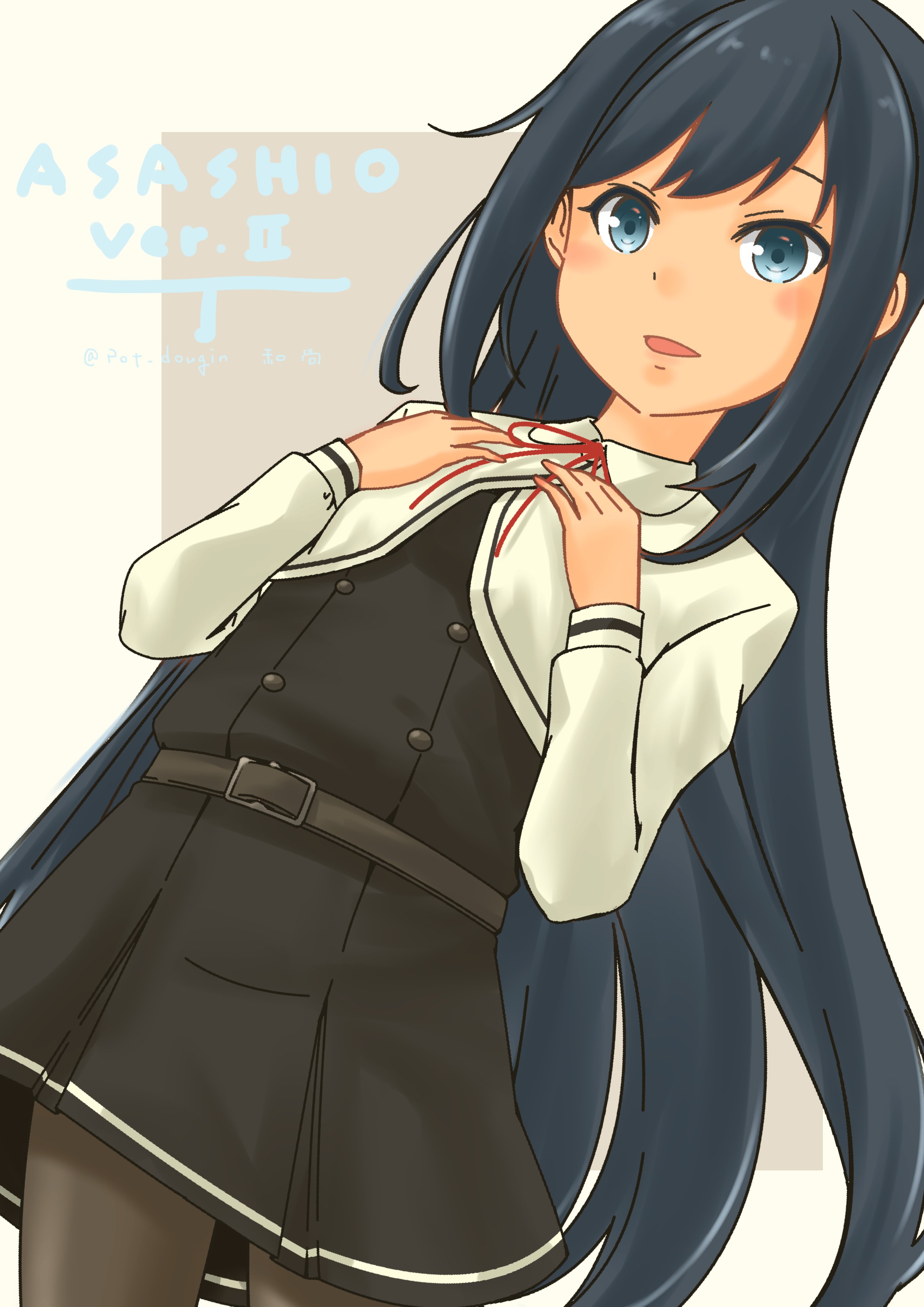 pot-de, asashio (kancolle), asashio kai ni (kancolle), kantai collection, absurdres, commentary request, highres, 1girl, black dress, black hair, black pantyhose, blue eyes, character name, cowboy shot, dress, hands on own chest, jacket, long hair, looking at viewer, pantyhose, pinafore dress, sleeveless, sleeveless dress, solo, white jacket
