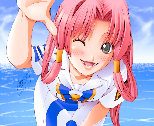 yagitori, mizunashi akari, aria (manga), 00s, 1girl, aged up, blouse, blush, female focus, hair tubes, incoming headpat, long hair, ocean, one eye closed, pink hair, ponytail, shirt, smile, solo, very long hair, white shirt, wink