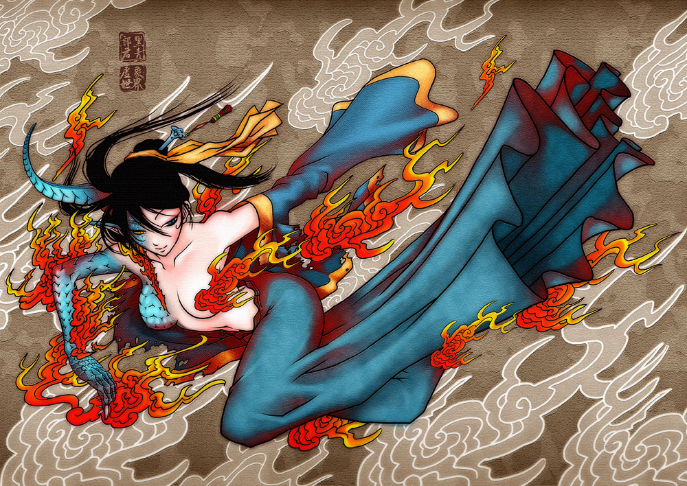 antaria, original, 1girl, blue eyes, breasts, dragon girl, female focus, fire, heterochromia, horns, japanese clothes, monster girl, scales, solo, transformation, yellow eyes