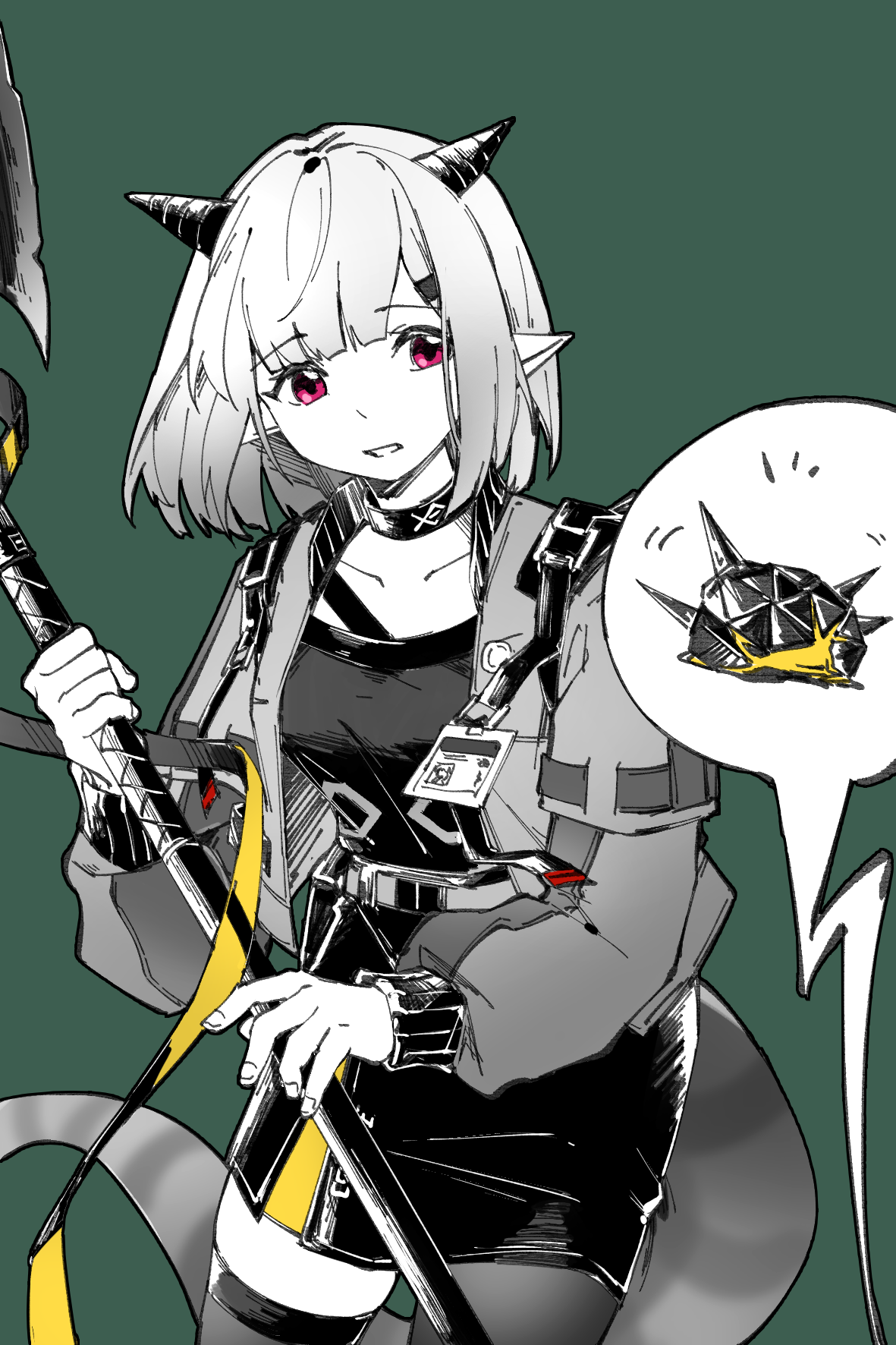 piaoliu ping ping ping pingzi, infection monitor (arknights), originium slug (arknights), vanilla (arknights), arknights, chinese commentary, commentary request, highres, 1girl, asymmetrical legwear, green background, holding, horns, jacket, layered sleeves, long sleeves, open clothes, open jacket, parted lips, partially colored, pink eyes, pointy ears, shirt, short hair, short over long sleeves, short sleeves, simple background, single leg pantyhose, single thighhigh, skirt, solo, t-shirt, thighhighs, uneven legwear