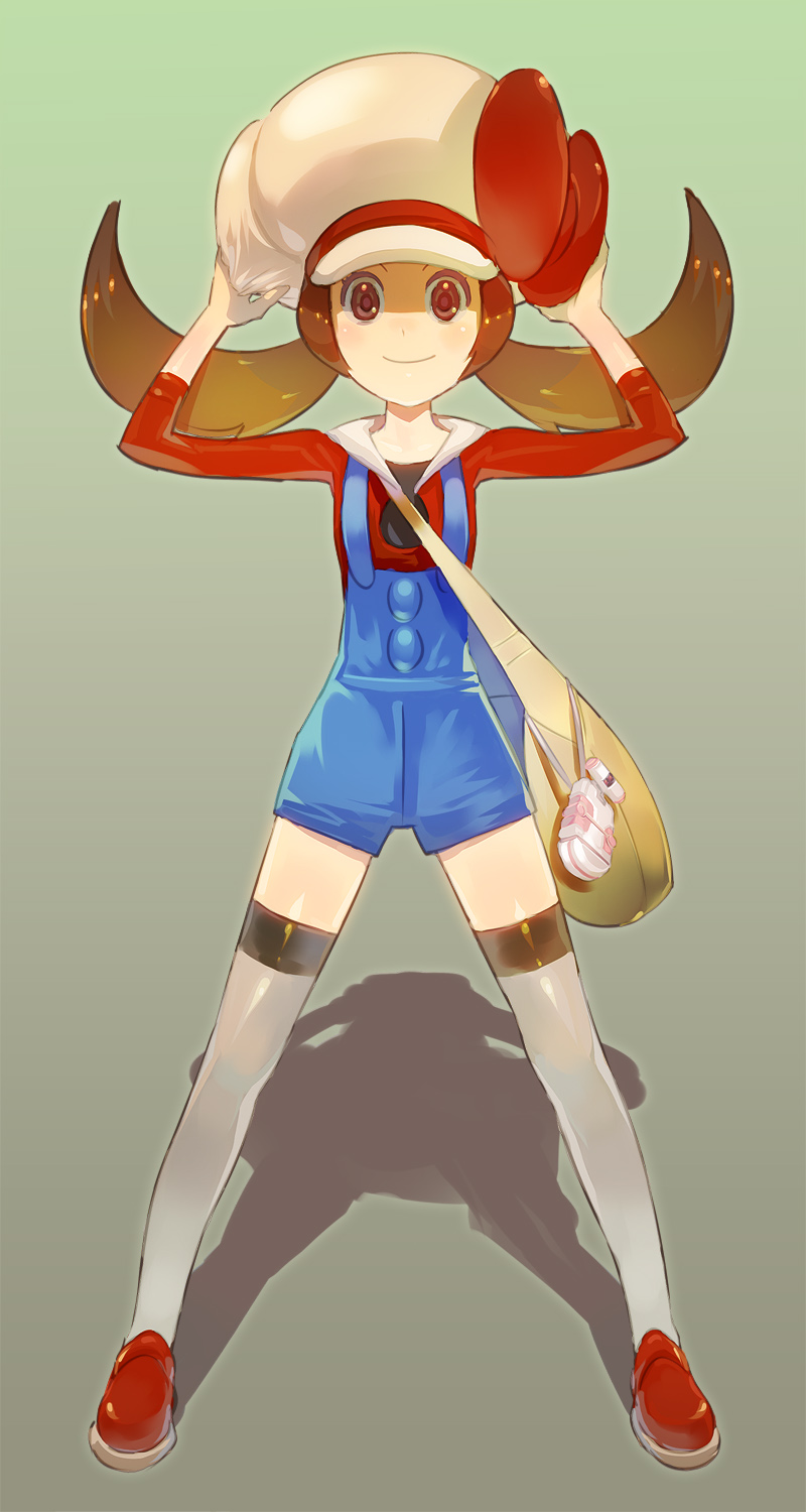 saba (sabe), lyra (pokemon), nintendo, pokemon, pokemon hgss, bad id, bad pixiv id, highres, 00s, 1girl, bag, bow, brown eyes, brown hair, cellphone, female focus, hat, hat ribbon, large hat, loafers, messenger bag, newsboy cap, overalls, phone, pokegear, red ribbon, ribbon, shoes, shoulder bag, smile, solo, spread legs, thighhighs, twintails, white thighhighs
