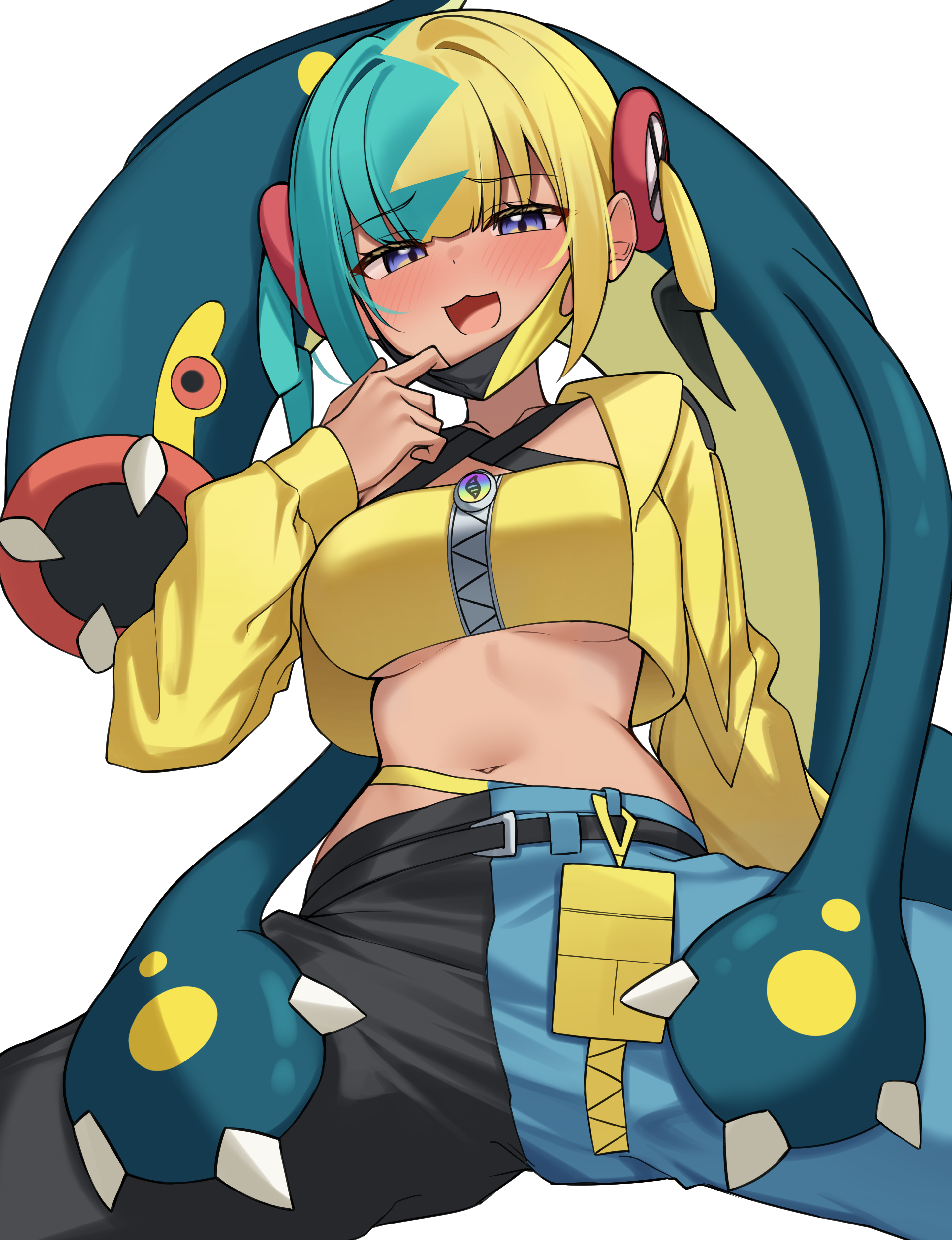 ziro (zirorong), canari (pokemon), nintendo, pokemon, pokemon legends: z-a, absurdres, bilingual commentary, commentary, english commentary, highres, korean commentary, mixed-language commentary, 1girl, :d, aqua hair, blonde hair, blue eyes, blush, breasts, dark-skinned female, dark skin, mask, mask pull, medium breasts, mouth mask, multicolored hair, navel, open mouth, pants, pokemon (creature), sitting, smile, split-color hair, spread legs, twintails, two-tone hair, two-tone pants