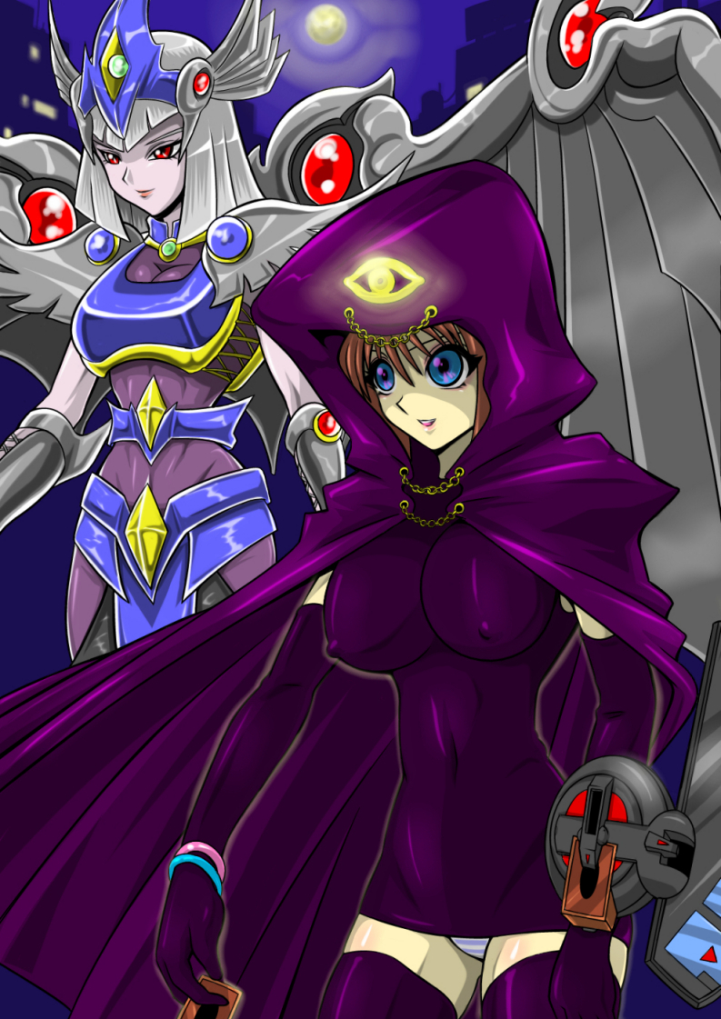 straw (yokubou hiroba), dark valkyria, dunames dark witch, mazaki anzu, yu-gi-oh!, yu-gi-oh! duel monsters, 2girls, blue eyes, breasts, cloak, covered erect nipples, duel disk, duel monster, large breasts, multiple girls, nipples, panties, red eyes, striped clothes, striped panties, underwear, wings