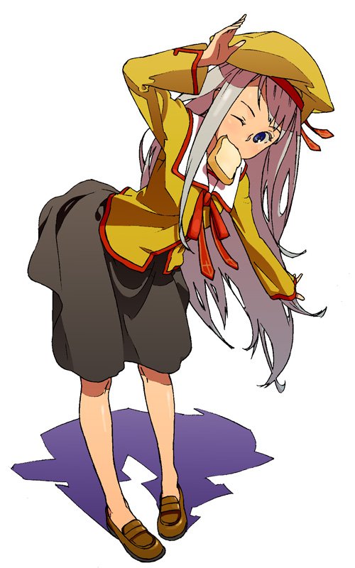 saba (sabe), illyasviel von einzbern, fate/stay night, fate (series), silver hair, bad id, bad pixiv id, 00s, 1girl, beret, blue eyes, bread, bread slice, female focus, food, food in mouth, hat, homurabara academy school uniform, loafers, long hair, long skirt, mouth hold, no socks, one eye closed, ribbon, school uniform, shoes, skirt, solo, toast, toast in mouth, waving, wink