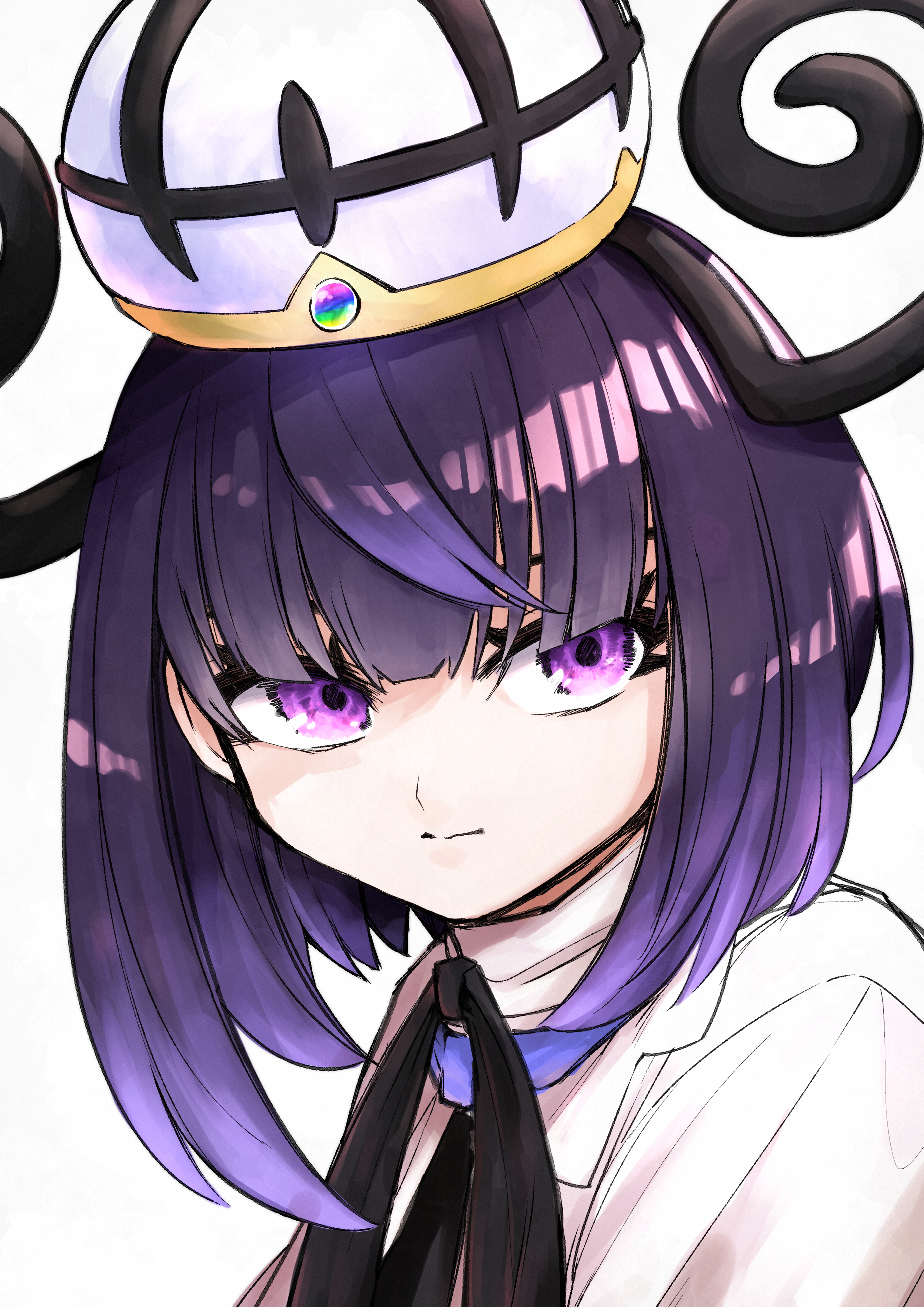 0827jona, gwynn (pokemon), nintendo, pokemon, pokemon legends: z-a, absurdres, highres, 1girl, blunt bangs, bob cut, closed mouth, coat, eyelashes, hat, looking at viewer, mega stone, purple eyes, purple hair, short hair, upper body, white background, white coat, white hat