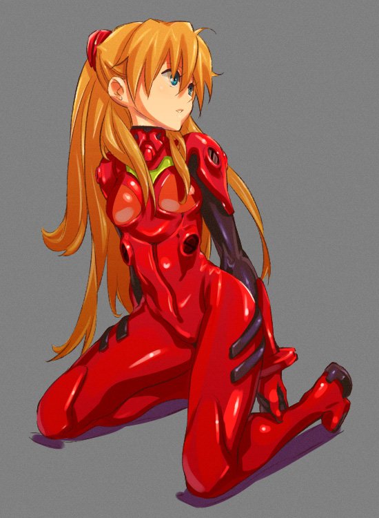 saba (sabe), souryuu asuka langley, neon genesis evangelion, bad id, bad pixiv id, blue eyes, bracer, from side, grey background, hair between eyes, legs apart, long hair, mecha pilot suit, orange hair, plugsuit (evangelion), simple background, solo, very long hair
