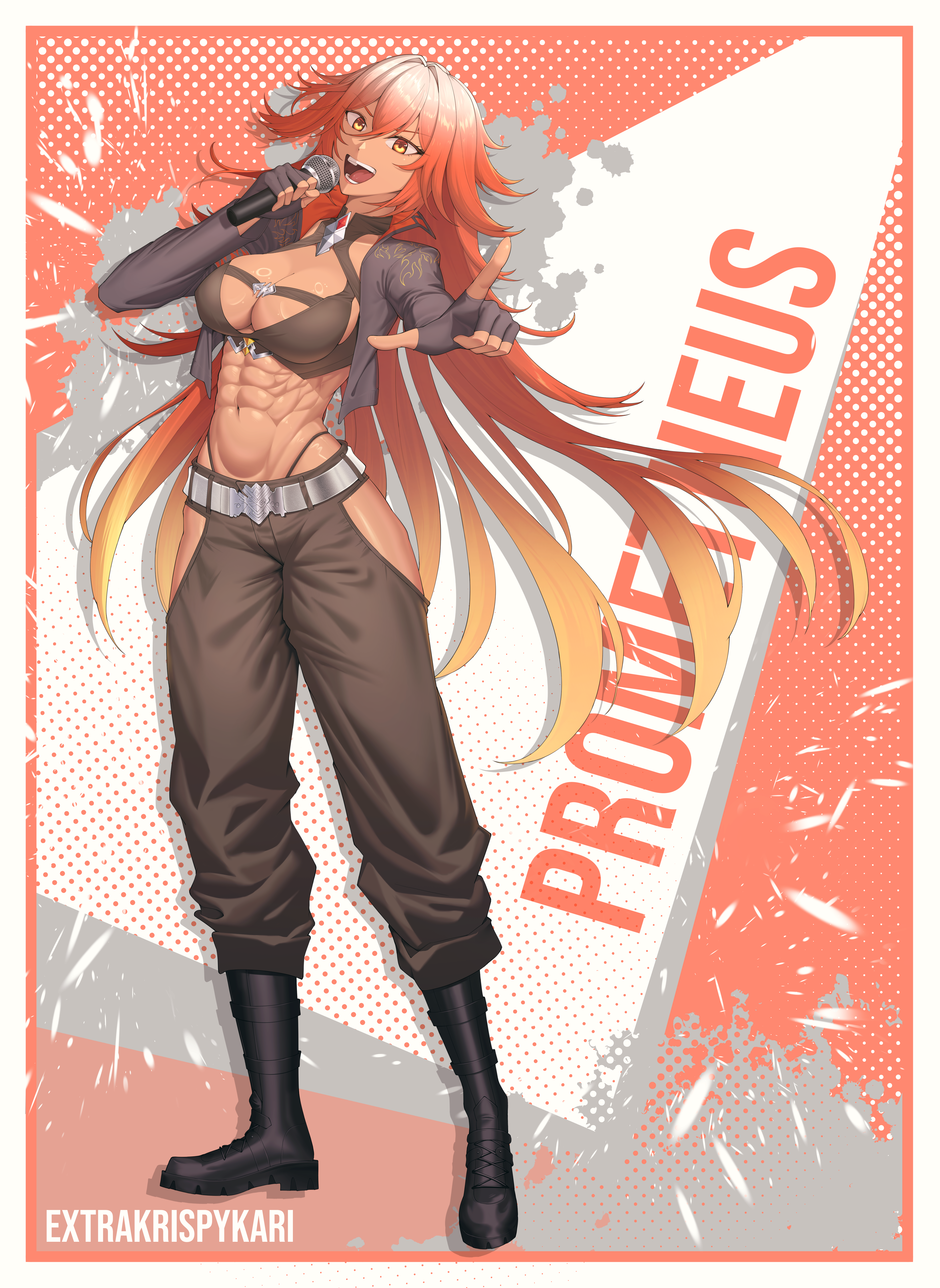 extrakrispykari, original, absurdres, commentary, commission, english commentary, highres, 1girl, abs, artist name, bikini, black bikini, black boots, black gloves, black jacket, black pants, boots, borrowed character, breasts, character name, cleavage, clothing cutout, collarbone, cropped jacket, fingerless gloves, full body, gloves, gradient hair, hair between eyes, highleg, highleg bikini, hip vent, holding, holding microphone, index finger raised, jacket, knee boots, large breasts, long hair, looking at viewer, microphone, multicolored hair, navel, open clothes, open jacket, open mouth, orange hair, pants, red hair, sidelocks, solo, standing, stomach, swimsuit, teeth, white hair, yellow eyes