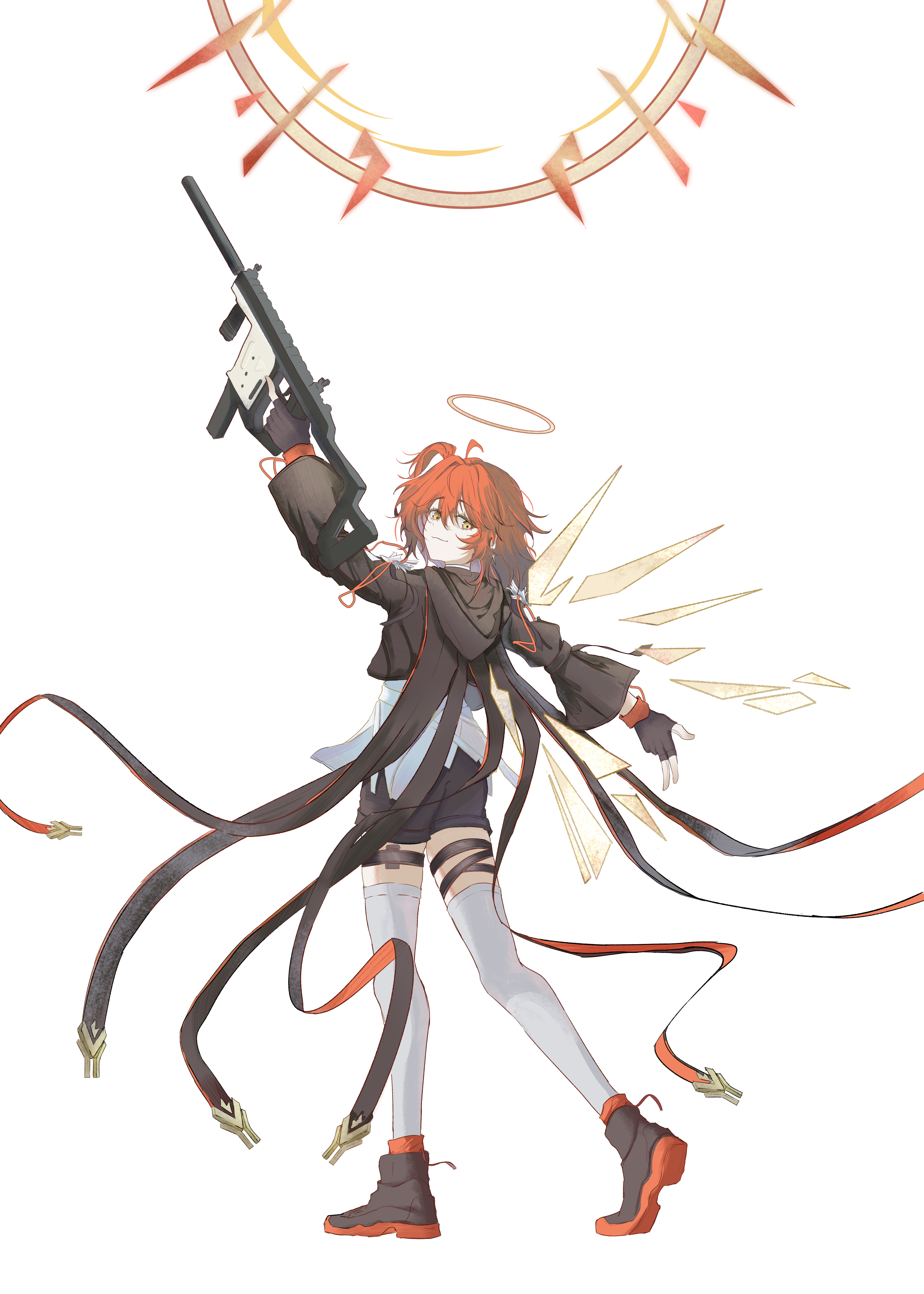 kaera, exusiai (arknights), exusiai the new covenant (arknights), arknights, absurdres, highres, 1girl, ahoge, ankle boots, arm up, black boots, black gloves, black shorts, boots, brown halo, closed mouth, colored shoe soles, detached wings, fingerless gloves, full body, gloves, grey thighhighs, gun, hair between eyes, halo, holding, holding gun, holding weapon, kriss vector, light smile, medium hair, multiple thigh straps, one side up, orange hair, outstretched arms, shoe soles, shorts, simple background, solo, standing, submachine gun, thighhighs, traditional halo, trigger discipline, w, weapon, white background, wings, yellow eyes