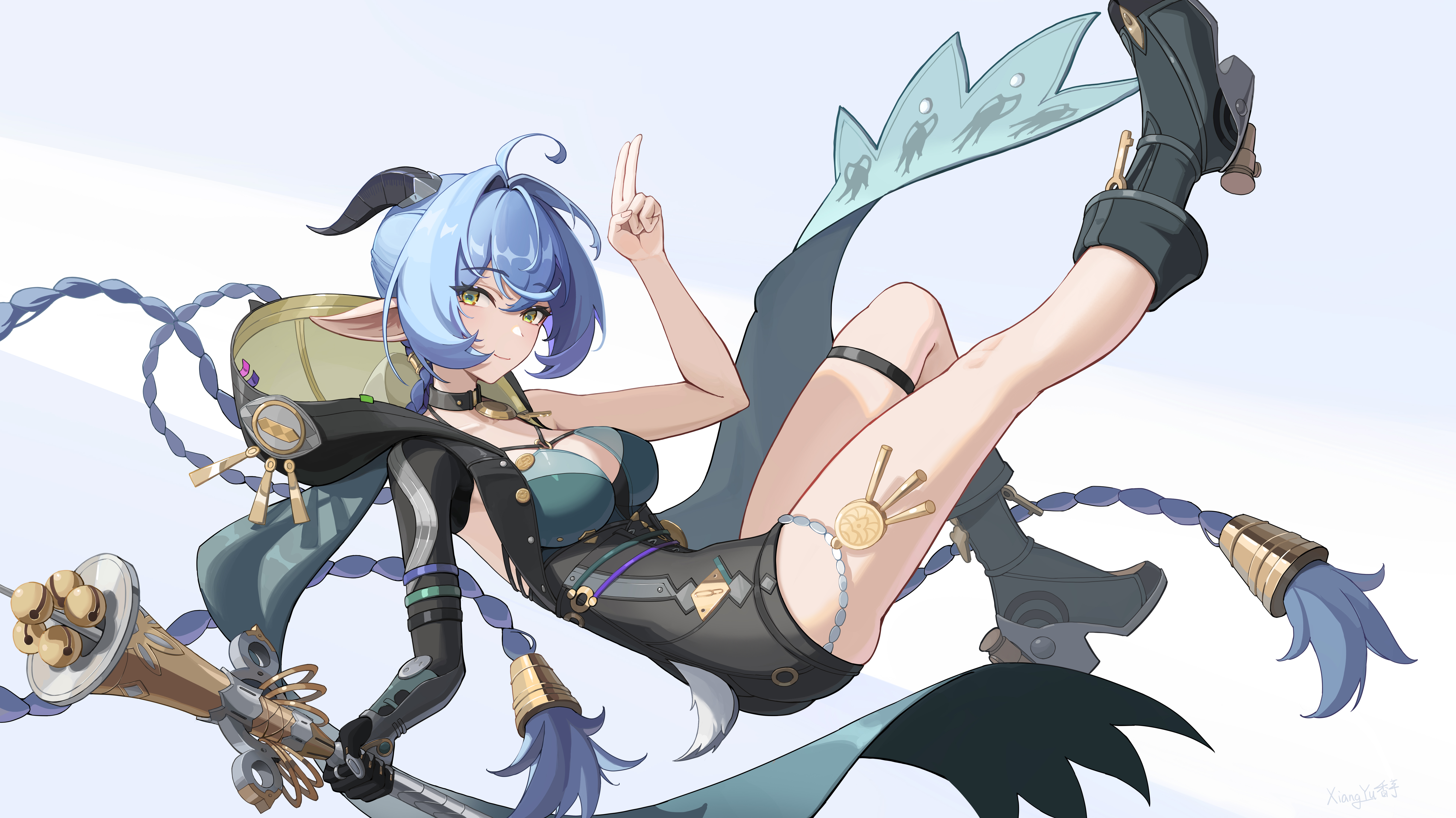 xiangyu xiangyu, lucia elowen, zenless zone zero, absurdres, chinese commentary, commentary request, highres, 1girl, ahoge, artist name, black boots, black choker, black horns, blue hair, boots, braid, breasts, choker, grey background, holding, holding staff, hood, horns, large breasts, legs, light smile, long hair, looking at viewer, mechanical arms, pointy ears, sidelocks, simple background, single bare arm, single mechanical arm, staff, tail, thigh strap, thighs, twin braids, very long hair, yellow eyes