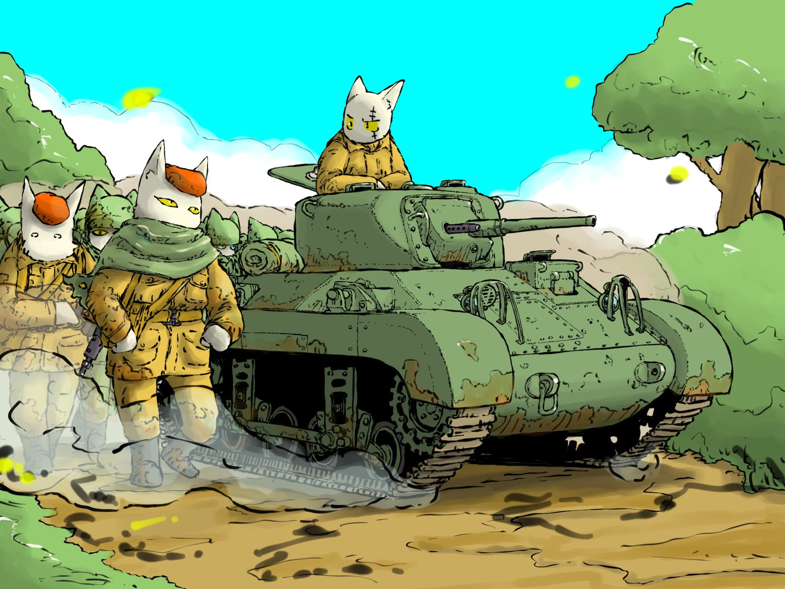 yabarn, original, commentary request, highres, vehicle request, 4boys, belt, beret, blue sky, bush, cannon, caterpillar tracks, day, dirt road, hat, m22 locust, military uniform, military vehicle, motor vehicle, multiple boys, path, road, sky, tank, vehicle focus