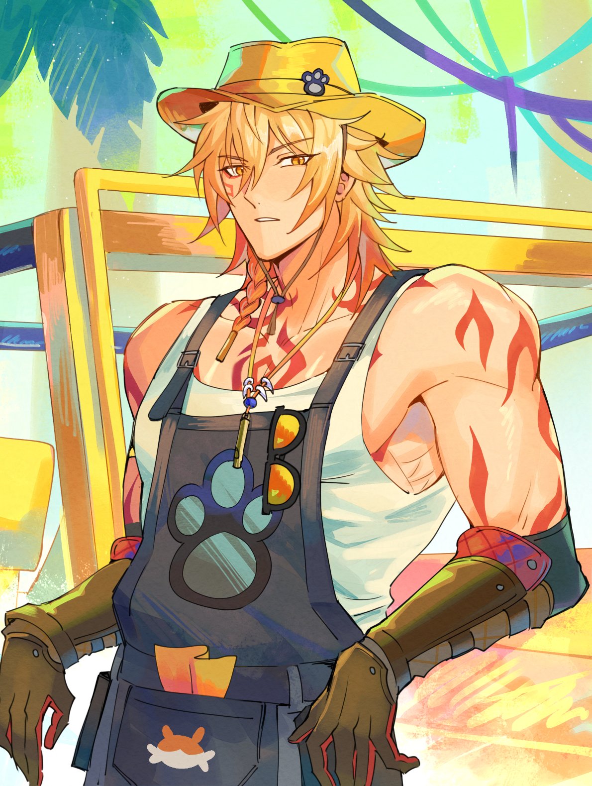 dadadabibadum, mydei (honkai: star rail), honkai: star rail, honkai (series), commentary, english commentary, highres, 1boy, arm tattoo, black overalls, blonde hair, braid, chest tattoo, facial tattoo, gradient hair, hat, jewelry, male focus, medium hair, multicolored hair, mydei (chimerric park) (honkai: star rail), necklace, official alternate costume, overalls, red hair, red tattoo, side braid, solo, tank top, tattoo, toned, toned male, unworn eyewear, white tank top, yellow eyes
