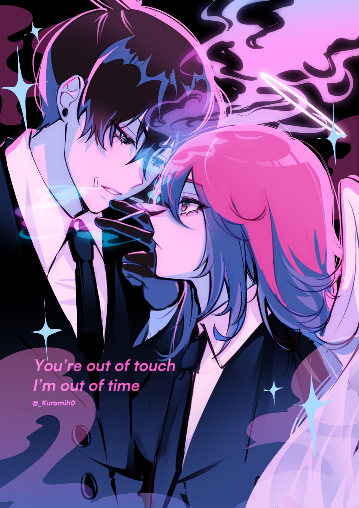 mih0, angel devil (chainsaw man), hayakawa aki, chainsaw man, commentary, english commentary, highres, 2boys, androgynous, black gloves, black hair, black jacket, black necktie, black suit, cigarette, collared shirt, english text, expressionless, eye contact, formal clothes, gloves, grey eyes, hair between eyes, holding, holding cigarette, jacket, looking at another, male focus, medium hair, multiple boys, necktie, parted lips, pink eyes, pink hair, shirt, smoking, suit, topknot, twitter username, white shirt