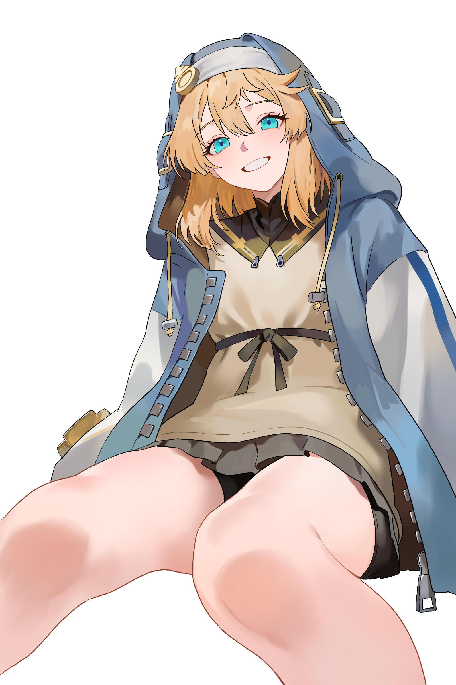 nbee ya, bridget (guilty gear), guilty gear, guilty gear strive, absurdres, commentary request, highres, 1boy, aqua eyes, bare legs, bike shorts, bike shorts under skirt, black shorts, black skirt, blonde hair, blue jacket, feet out of frame, hair between eyes, hood, hood up, hooded jacket, hoodie, jacket, long sleeves, male focus, open clothes, open hoodie, open mouth, shorts, sitting, skirt, smile, solo, trap