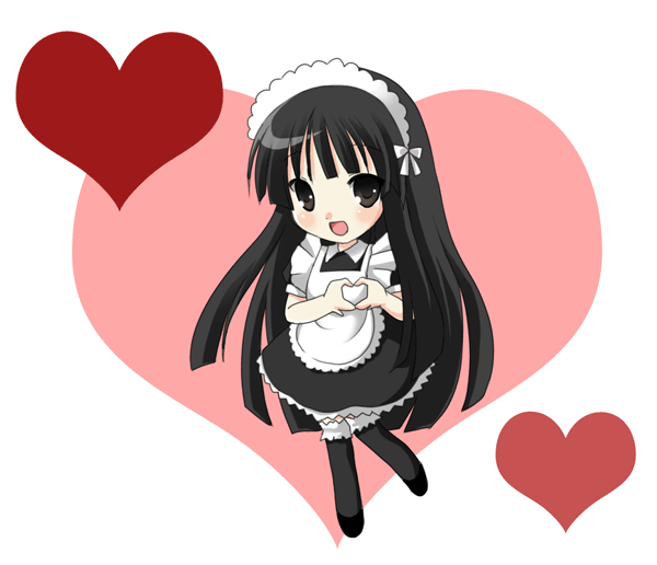 oumi neneha, akiyama mio, k-on!, bad id, bad pixiv id, 00s, 1girl, alternate costume, black eyes, black hair, chibi, enmaided, female focus, frilled thighhighs, frills, heart, heart hands, long hair, maid, maid headdress, moe moe kyun!, solo, thighhighs