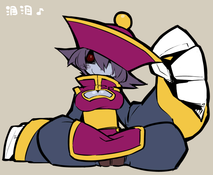 ume (noraneko), hsien-ko, capcom, darkstalkers, artist request, bad id, bad pixiv id, 1girl, blue hair, blue skin, claws, cleavage cutout, clothing cutout, colored skin, female focus, flipped hair, jiangshi, red eyes, smile, solo