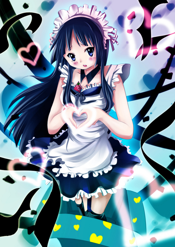 dengshuyu, akiyama mio, k-on!, 00s, 1girl, alternate costume, apron, black hair, blue eyes, blunt bangs, blush, enmaided, female focus, headdress, heart, heart hands, hime cut, long hair, maid, maid apron, moe moe kyun!, skirt, solo, ticket