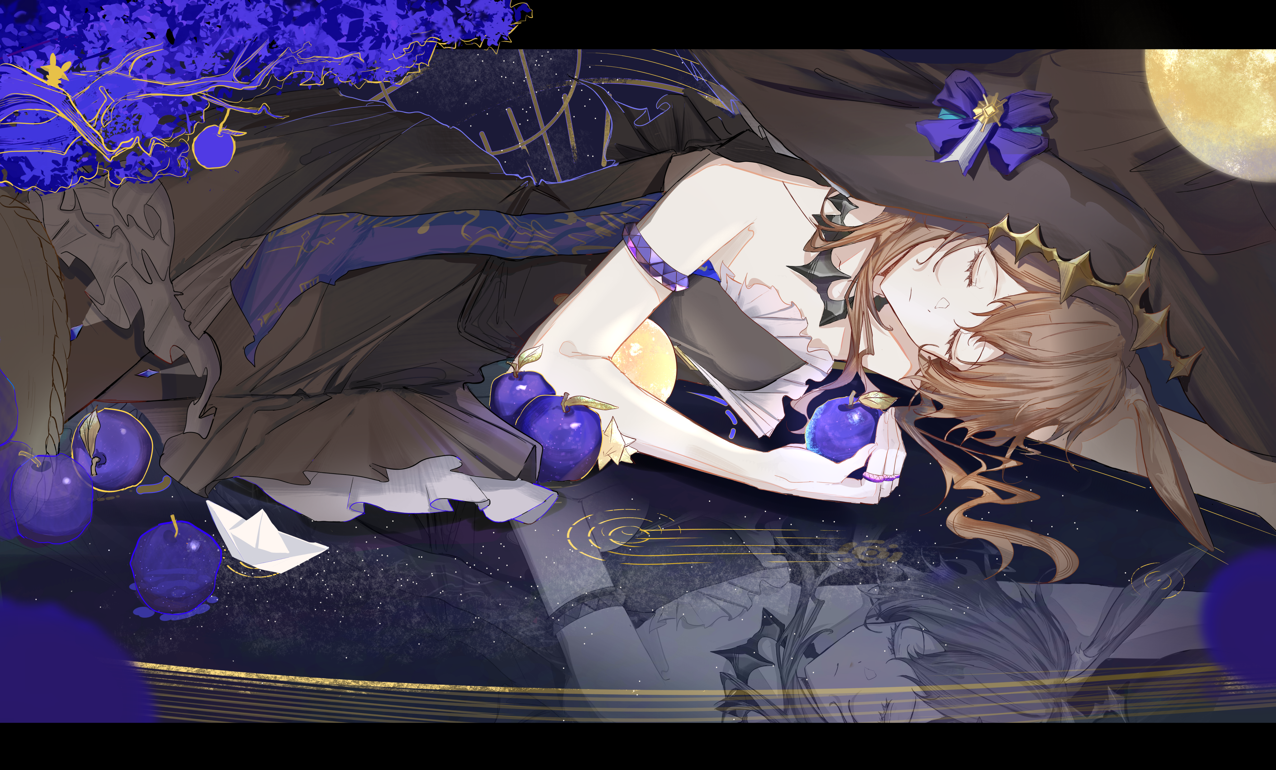 kaera, amiya (arknights), amiya (medic) (arknights), amiya (medic) (solo around the world) (arknights), ambience synesthesia, arknights, absurdres, commentary, highres, symbol-only commentary, 1girl, animal ears, apple, armlet, bare shoulders, black dress, black hat, blue apple, brown hair, closed eyes, closed mouth, dress, food, frilled dress, frills, fruit, hat, holding, holding food, holding fruit, jewelry, light particles, long hair, lying, official alternate costume, on side, reflection, reflective floor, sleeping, solo