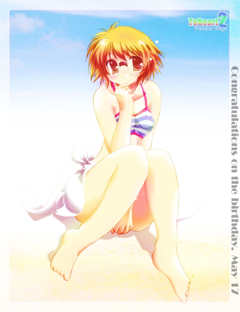 tamaki (diarie inaiinaibaa), yamada michiru, to heart (series), to heart 2, 00s, 1girl, bad anatomy, bad feet, barefoot, bikini, blonde hair, brown eyes, female focus, glasses, poorly drawn, sarong, short hair, solo, swimsuit