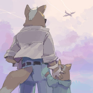 motohashi mari, fox mccloud, james mccloud, nintendo, star fox, lowres, age difference, aged down, aircraft, airplane, belt, child, day, family, father and son, from behind, furry, furry male, glasses, jacket, oekaki, sky, sunglasses, sunset, tail