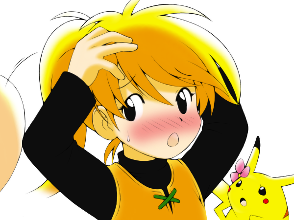 yagitori, chuchu (pokemon), pikachu, yellow (pokemon), nintendo, pokemon, pokemon adventures, bad id, bad pixiv id, 1girl, black eyes, blonde hair, blush, embarrassed, flower, gen 1 pokemon, hair flower, hair ornament, pokemon (creature), ponytail, sweatdrop