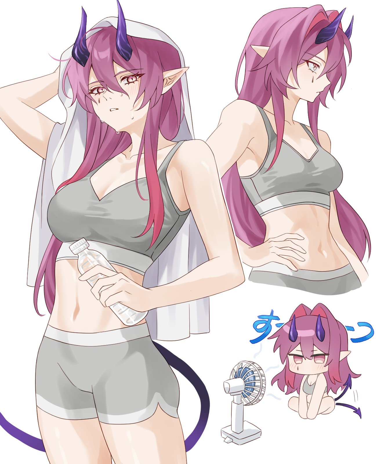 amo20839453, ascalon (arknights), arknights, chinese commentary, commentary request, highres, 1girl, afterimage, bare arms, bare shoulders, bottle, breasts, chibi, cleavage, collarbone, crop top, drink, electric fan, grey sports bra, hair between eyes, hand on own hip, holding, holding drink, horns, long bangs, long hair, looking ahead, looking at viewer, medium breasts, midriff, multiple views, navel, parted lips, pink eyes, pink hair, plastic bottle, pointy ears, profile, purple horns, purple tail, simple background, sound effects, sports bra, sweat, tail, tail wagging, teardrop facial mark, towel, water bottle, white background