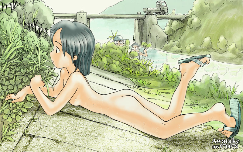 awatake takahiro, source request, 1girl, 2boys, artist name, ass, breasts, bridge, clothed male nude female, eavesdropping, exhibitionism, flip-flops, grass, loli, lying, motor vehicle, multiple boys, nude, on stomach, outdoors, peeking, plant, public indecency, river, sandals, smile, toes, tree, truck, voyeurism