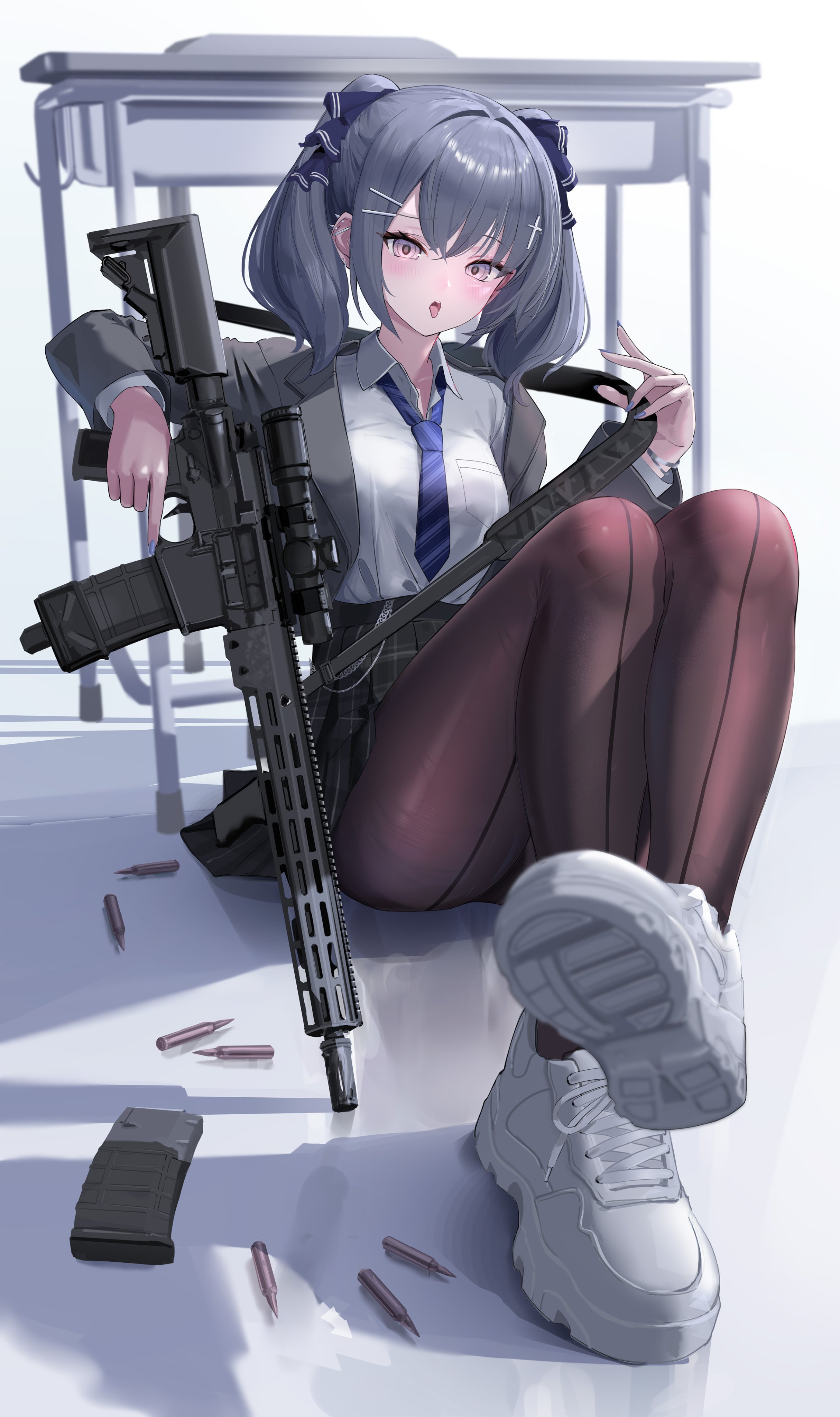 sthk, magpul, original, absurdres, commentary request, highres, revision, 1girl, ammunition, ar-15, black skirt, blazer, blue nails, blue necktie, blush, breasts, brown pantyhose, collar, collared shirt, cross hair ornament, ear piercing, full body, grey hair, gun, gun sling, hair between eyes, hair ornament, hair ribbon, holding, holding weapon, jacket, legs, long hair, magazine (weapon), muzzle device, nail polish, necktie, open mouth, optical sight, pantyhose, piercing, pink eyes, pleated skirt, ribbon, rifle, shadow, shirt, shoes, sitting, skirt, small breasts, sneakers, solo, table, thighs, tongue, tongue out, twintails, weapon, white background, white collar, white shirt, white shoes