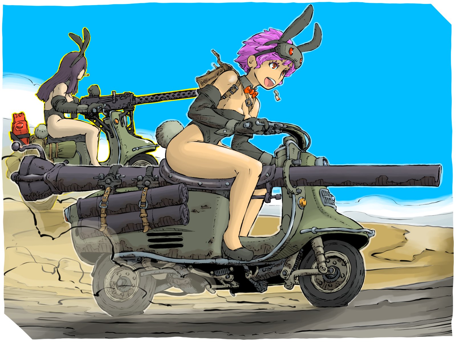 yabarn, original, highres, 2girls, blue sky, browning m1919, canister, gun, jerry can, machine gun, manually-operated mounted gun, military vehicle, motor vehicle, motorcycle, multiple girls, on motorcycle, road, rocket launcher, short hair, sky, weapon