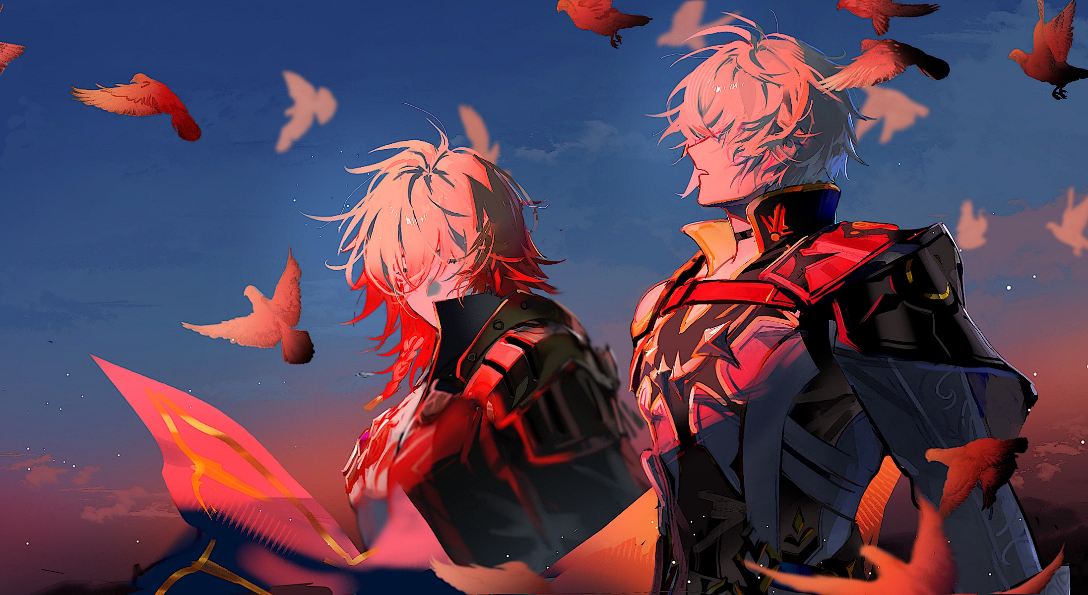 suirandanshihao, mydei (honkai: star rail), phainon (honkai: star rail), honkai: star rail, honkai (series), chinese commentary, commentary request, highres, 2boys, antenna hair, armor, bird, black choker, black coat, black shirt, blonde hair, blue cape, braid, cape, chest tattoo, choker, coat, dove, earrings, facial tattoo, floating cape, gold earrings, gold necklace, gradient hair, jewelry, male focus, medium hair, multicolored hair, multiple boys, neck tattoo, necklace, open clothes, open coat, pauldrons, red cape, red hair, red tattoo, shirt, short hair, shoulder armor, side braid, single pauldron, sun symbol, sun tattoo, tan, tattoo, white coat, white hair