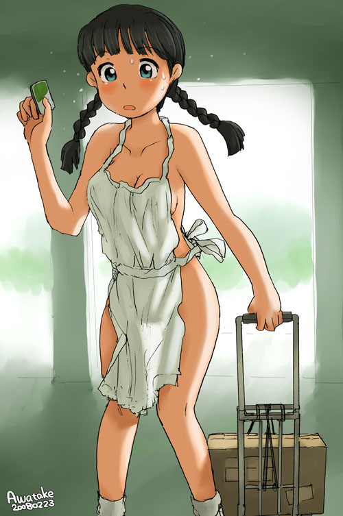 awatake takahiro, luggage, character request, copyright request, tagme, 00s, 1girl, 2008, apron, artist name, blush, braid, dated, embarrassed, female focus, indoors, naked apron, solo, twin braids