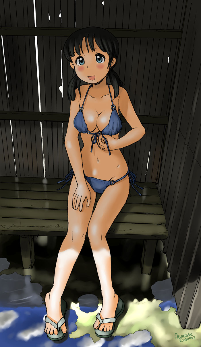 awatake takahiro, character request, copyright request, highres, tagme, 00s, 1girl, 2008, artist name, bikini, blush, breasts, bus stop, cleavage, dated, embarrassed, female focus, flip-flops, front-tie bikini top, front-tie top, looking at viewer, medium breasts, outdoors, puddle, reflection, sandals, short twintails, side-tie bikini bottom, sitting, smile, solo, swimsuit, twintails
