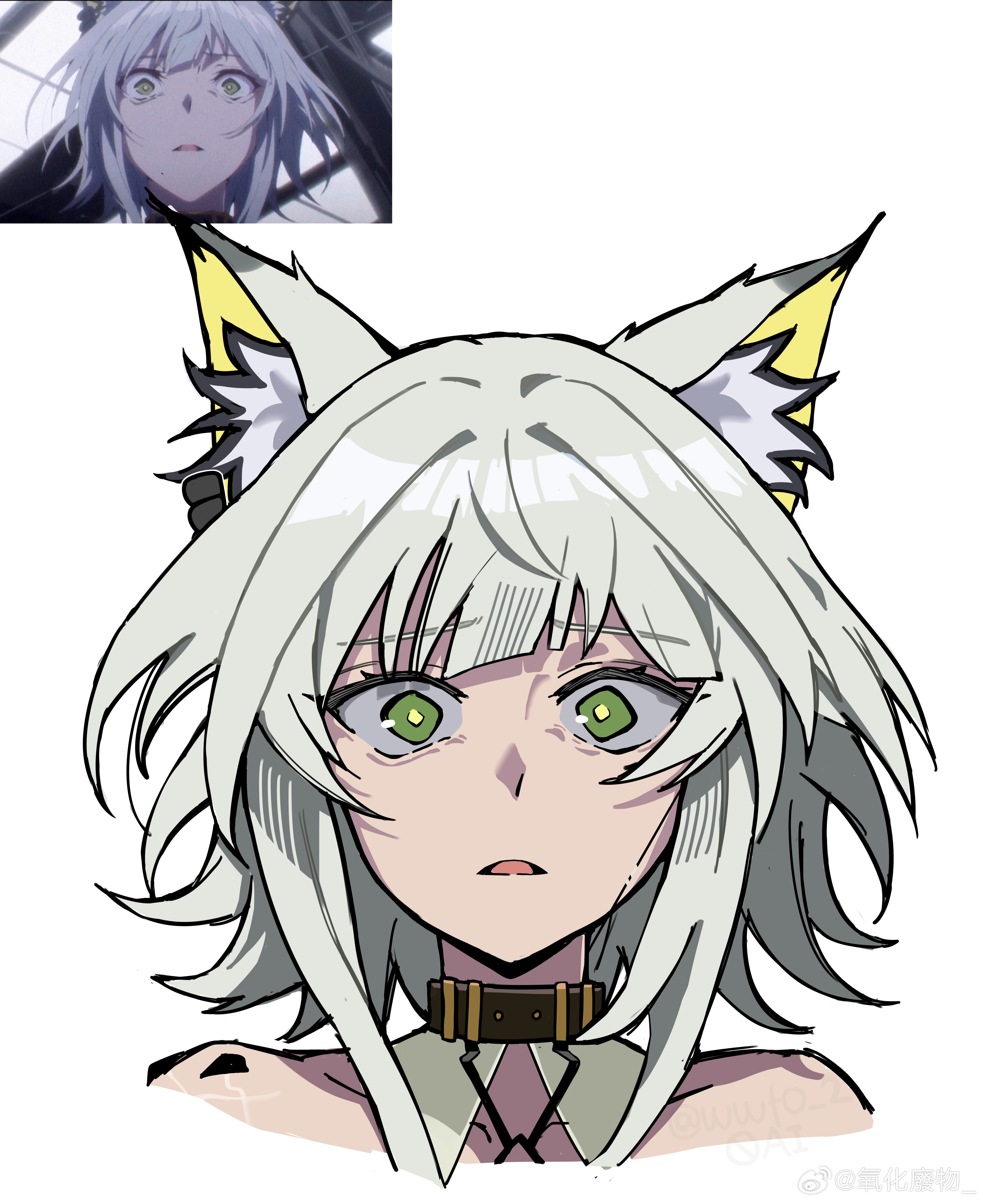 wwfo 2, kal'tsit (arknights), arknights, absurdres, derivative work, highres, screenshot redraw, 1girl, animal ear fluff, animal ears, anime screenshot inset, bare shoulders, cropped shoulders, green eyes, grey hair, inset, looking at viewer, material growth, oripathy lesion (arknights), parted lips, scared, short hair, simple background, solo, watermark, white background
