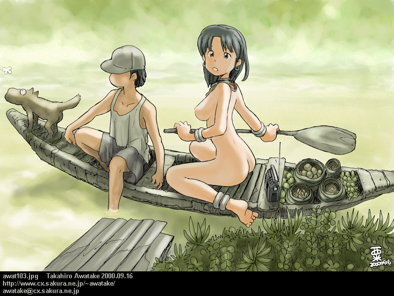 awatake takahiro, original, 1boy, 1girl, 2000, anklet, armlet, artist name, ass, barefoot, baseball cap, bracelet, breasts, bug, butterfly, canoe, clothed male nude female, dated, dog, earrings, email address, faceless, faceless male, feet, grass, hat, holding, holding oar, insect, jewelry, looking at viewer, medium breasts, necklace, nipples, nude, oar, outdoors, radio, sitting, soles, toes, wariza, water, watermark, web address, zenra