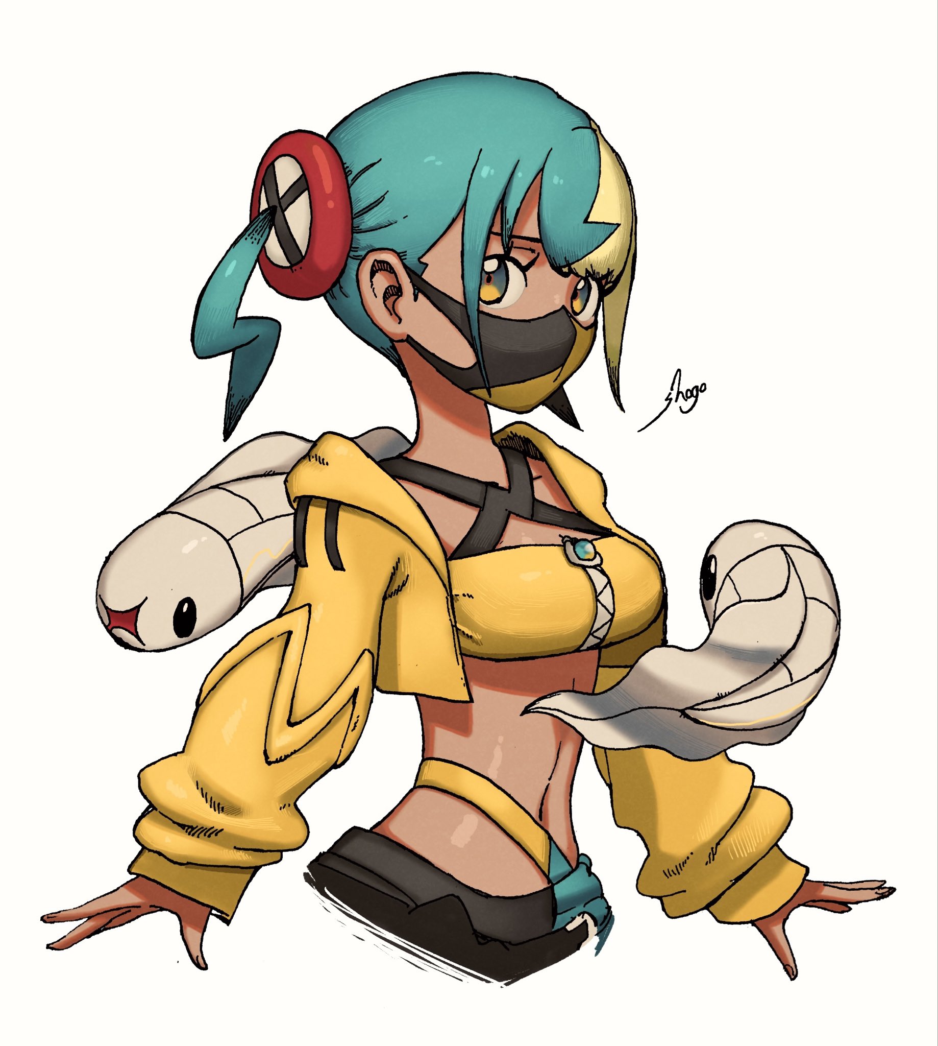shogo (shogo70449442), canari (pokemon), tynamo, nintendo, pokemon, pokemon legends: z-a, highres, 1girl, aqua hair, bandeau, blonde hair, crop top, dark-skinned female, dark skin, gen 5 pokemon, jacket, long sleeves, looking at viewer, mask, mouth mask, multicolored hair, navel, open clothes, open jacket, pokemon (creature), short hair, signature, split-color hair, two-tone hair, white background, yellow jacket