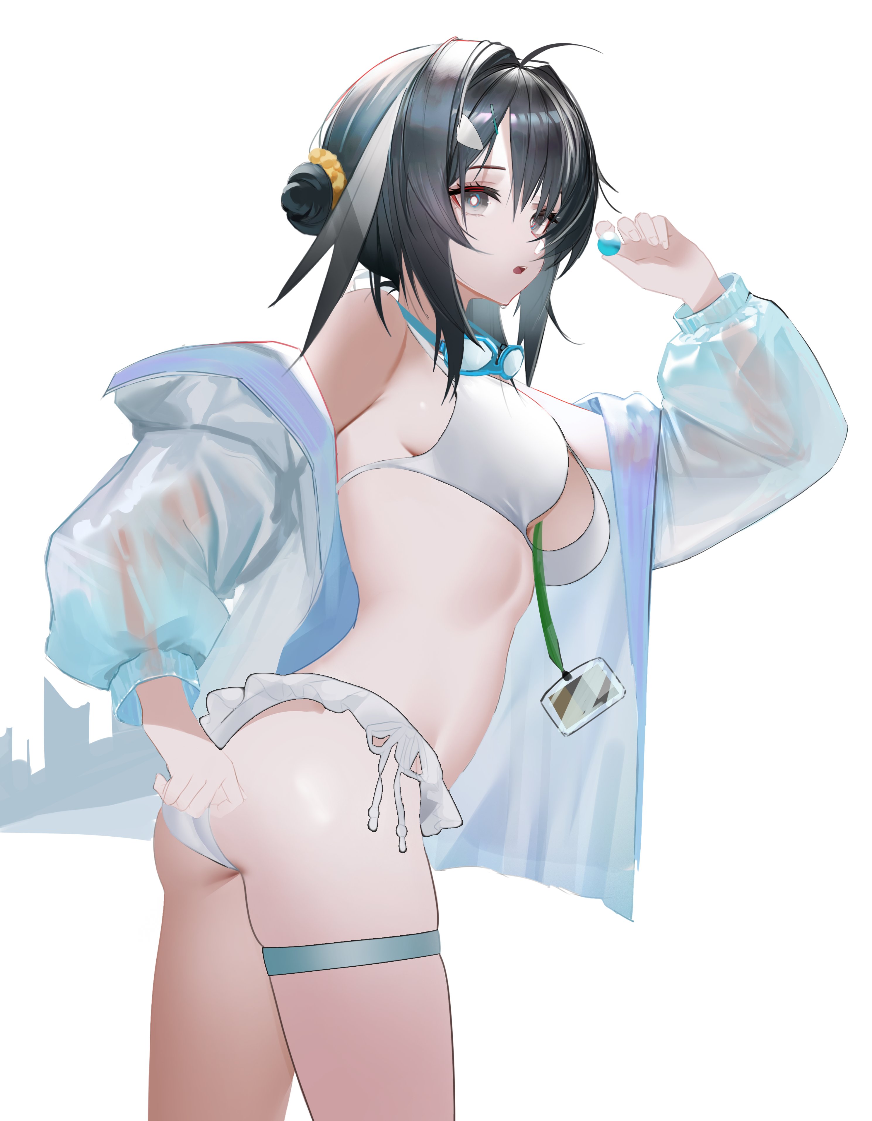 ligod, la pluma (arknights), la pluma (summer flowers) (arknights), arknights, absurdres, highres, revision, 1girl, :o, ahoge, ass, badge, bare shoulders, bikini, black eyes, black hair, breasts, bright pupils, candy, cowboy shot, food, frilled bikini, frills, goggles, goggles around neck, grey background, grey hair, hair between eyes, hair bun, hair ornament, hair over shoulder, holding, holding candy, holding food, jacket, large breasts, long hair, long sleeves, looking at viewer, multicolored hair, off shoulder, official alternate costume, open clothes, open mouth, side-tie bikini bottom, sidelocks, simple background, single hair bun, solo, straight hair, swim goggles, swimsuit, thigh strap, thighs, two-tone hair, white background, white bikini, white jacket, white pupils