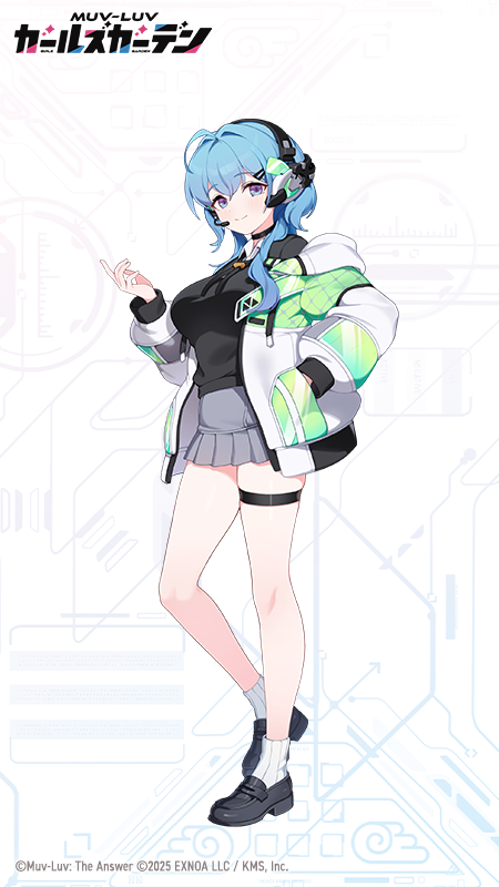 hachirodesu, evi leenhardt, muv-luv, muv-luv girls garden, official art, 1girl, 2025, ahoge, aqua hair, black choker, black shirt, black shoes, blue eyes, breasts, choker, closed mouth, collared shirt, copyright logo, copyright name, copyright notice, green jacket, grey skirt, hair ornament, hairpin, hand in pocket, headphones, headset, jacket, large breasts, logo, long hair, multicolored jacket, open clothes, open jacket, ribbed socks, shirt, shoes, skirt, socks, solo, thigh strap, white jacket, white socks