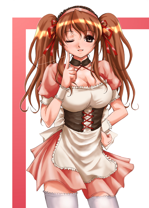 koucha (silver spoon), asahina mikuru, suzumiya haruhi no yuuutsu, 00s, 1girl, breasts, brown eyes, brown hair, cleavage, corset, female focus, large breasts, long hair, official alternate hairstyle, one eye closed, solo, thighhighs, twintails, waitress, wink