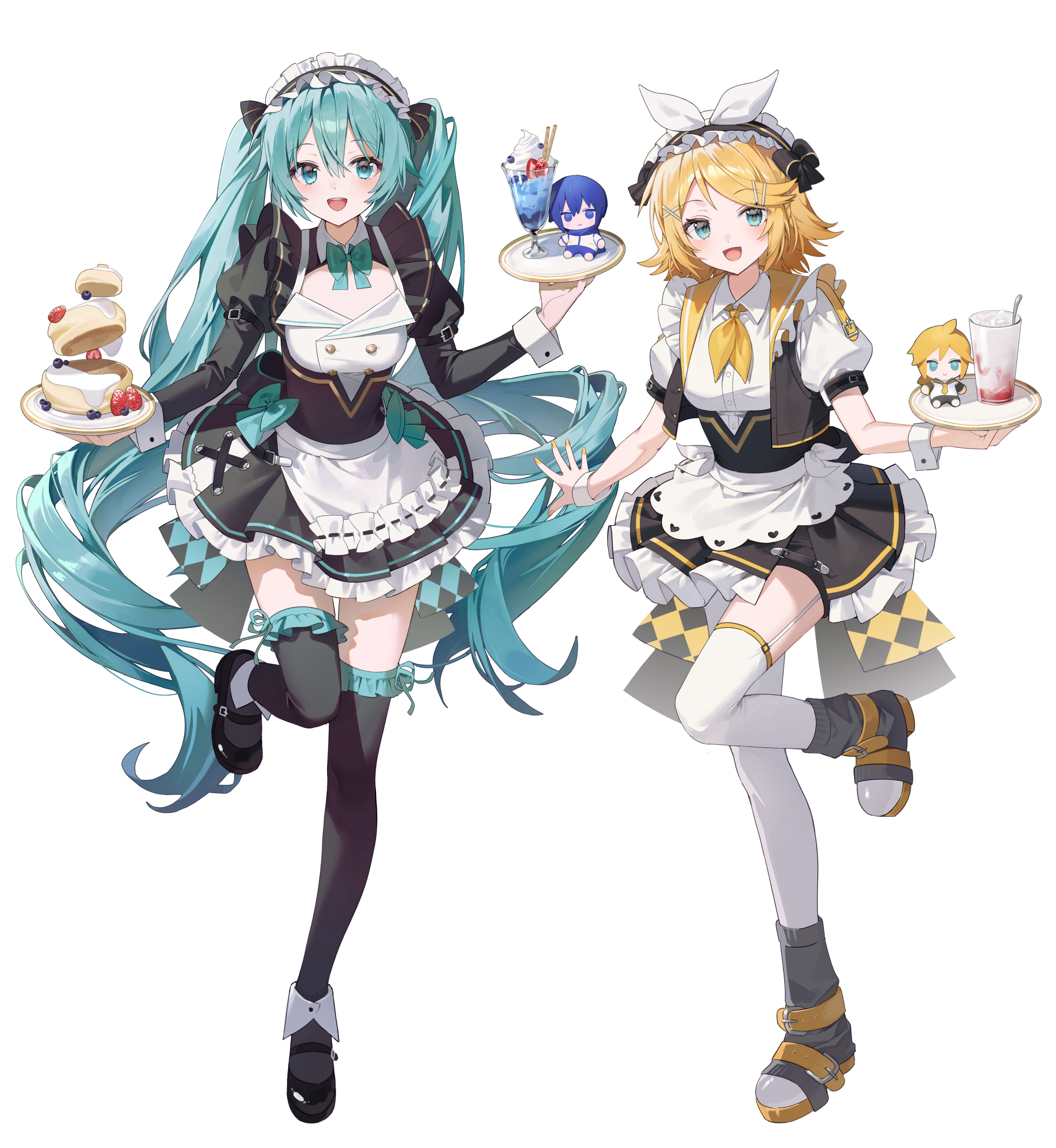emduck, hatsune miku, kagamine len, kagamine rin, kaito (vocaloid), vocaloid, absurdres, highres, 2girls, apron, aqua bow, aqua bowtie, aqua eyes, aqua hair, black shoes, black skirt, black thighhighs, blonde hair, boots, bow, bowtie, collared shirt, cropped jacket, food, full body, garter straps, jacket, long hair, long sleeves, maid, maid apron, maid headdress, multiple girls, neckerchief, open clothes, open jacket, open mouth, shirt, shoes, short hair, short sleeves, simple background, skirt, smile, standing, standing on one leg, teeth, thighhighs, twintails, upper teeth only, very long hair, white apron, white background, white garter straps, white skirt, white thighhighs, white wrist cuffs, wrist cuffs, yellow neckerchief, zettai ryouiki