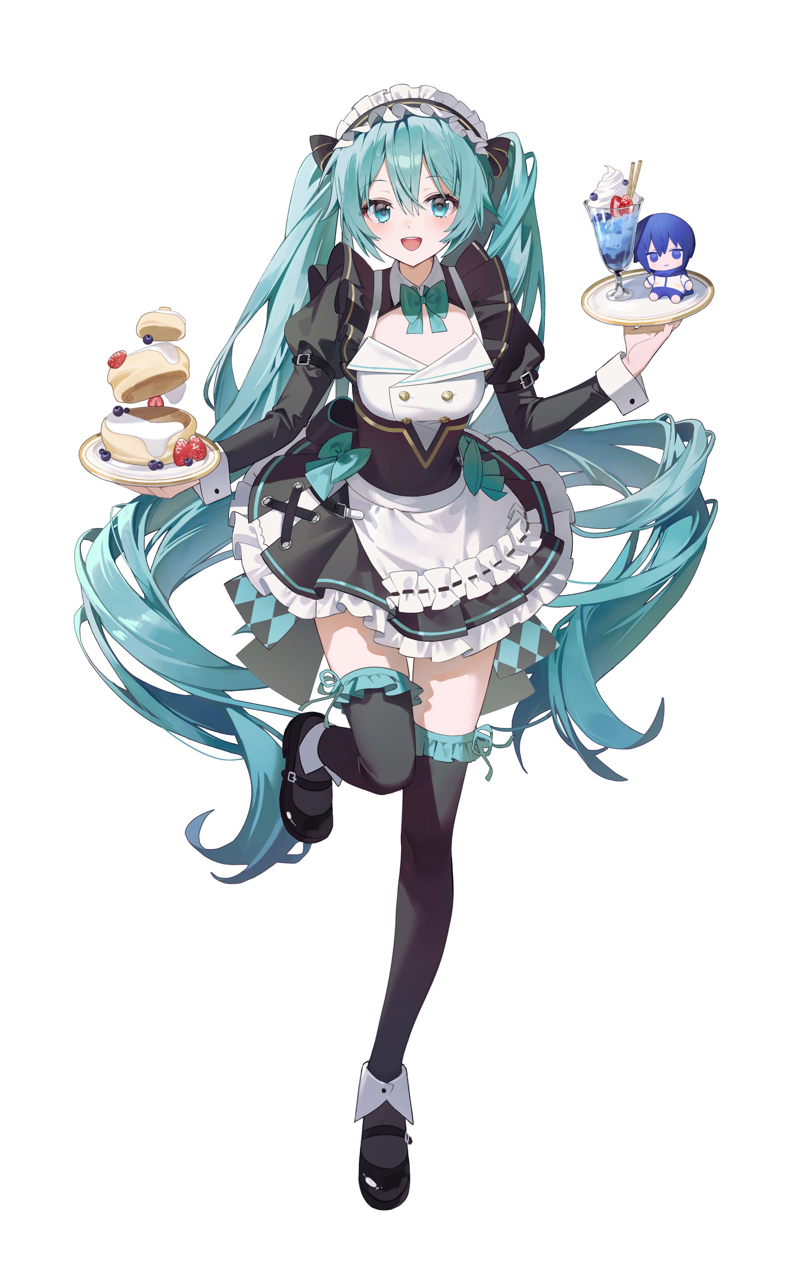 emduck, hatsune miku, kaito (vocaloid), vocaloid, absurdres, highres, 1girl, apron, aqua bow, aqua bowtie, aqua eyes, aqua hair, black shoes, black thighhighs, bow, bowtie, food, full body, long hair, long sleeves, maid, maid apron, maid headdress, open mouth, shirt, shoes, simple background, skirt, smile, solo, standing, standing on one leg, teeth, thighhighs, twintails, upper teeth only, very long hair, white apron, white background, white wrist cuffs, wrist cuffs, zettai ryouiki