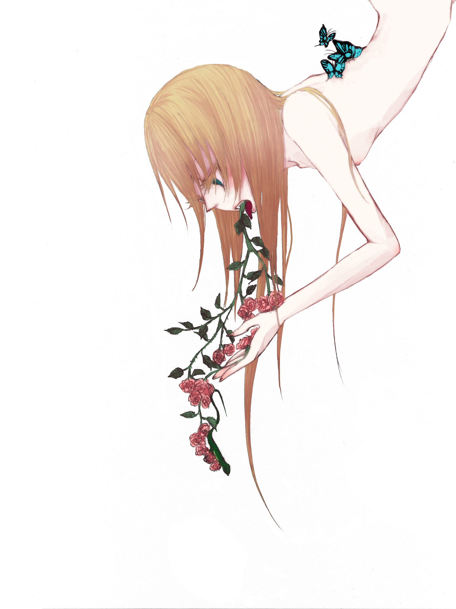 memai, original, bad id, bad pixiv id, highres, 1girl, alternate body fluid, blonde hair, bug, butterfly, female focus, flower, insect, nude, rose, solo, surreal, vomit