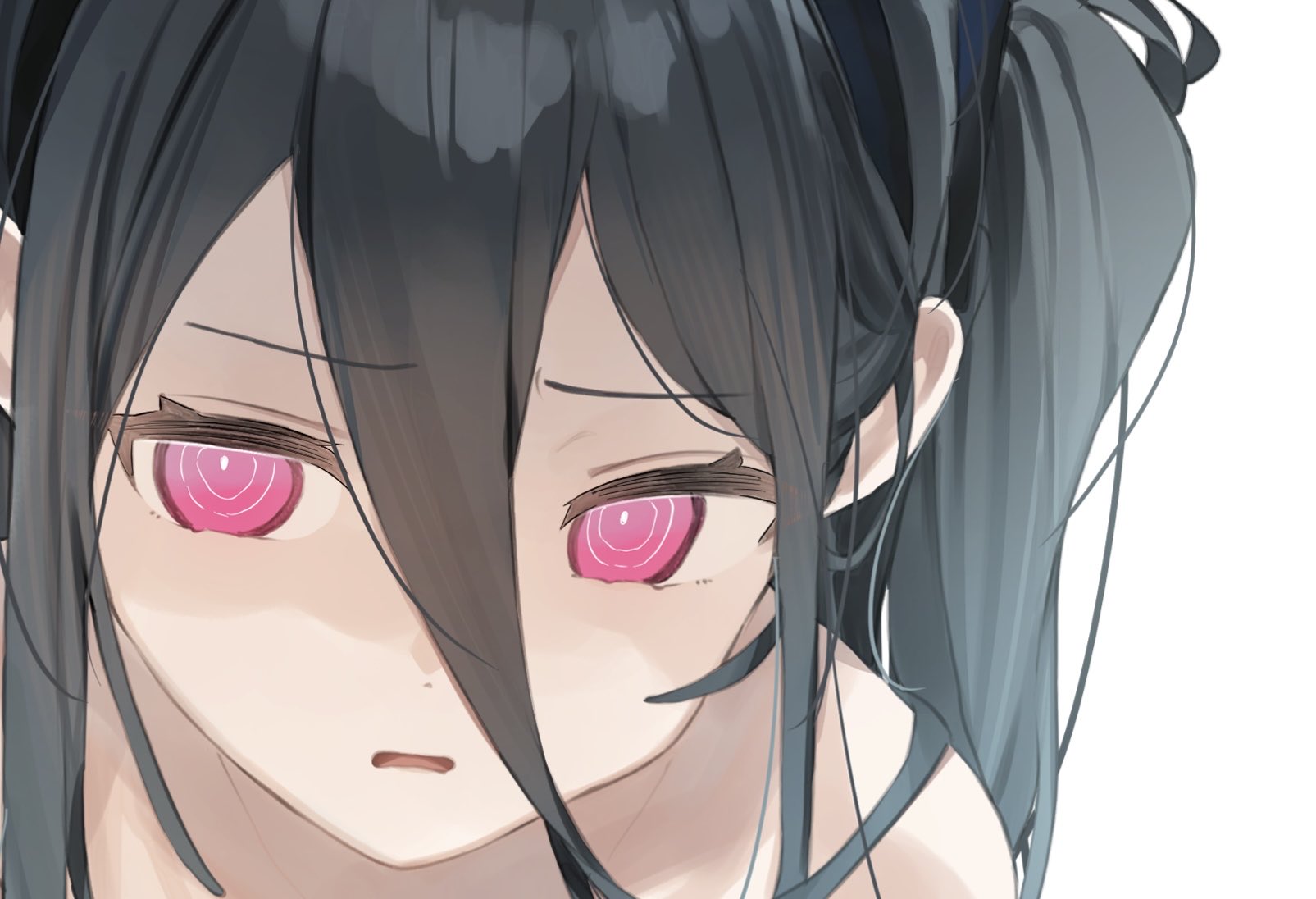 higa (gominami), aris (blue archive), kei (blue archive), blue archive, highres, 1girl, @ @, black hair, black hairband, close-up, hair between eyes, hairband, long hair, looking to the side, one side up, open mouth, parted lips, pink eyes, portrait, ringed eyes, simple background, solo, white background