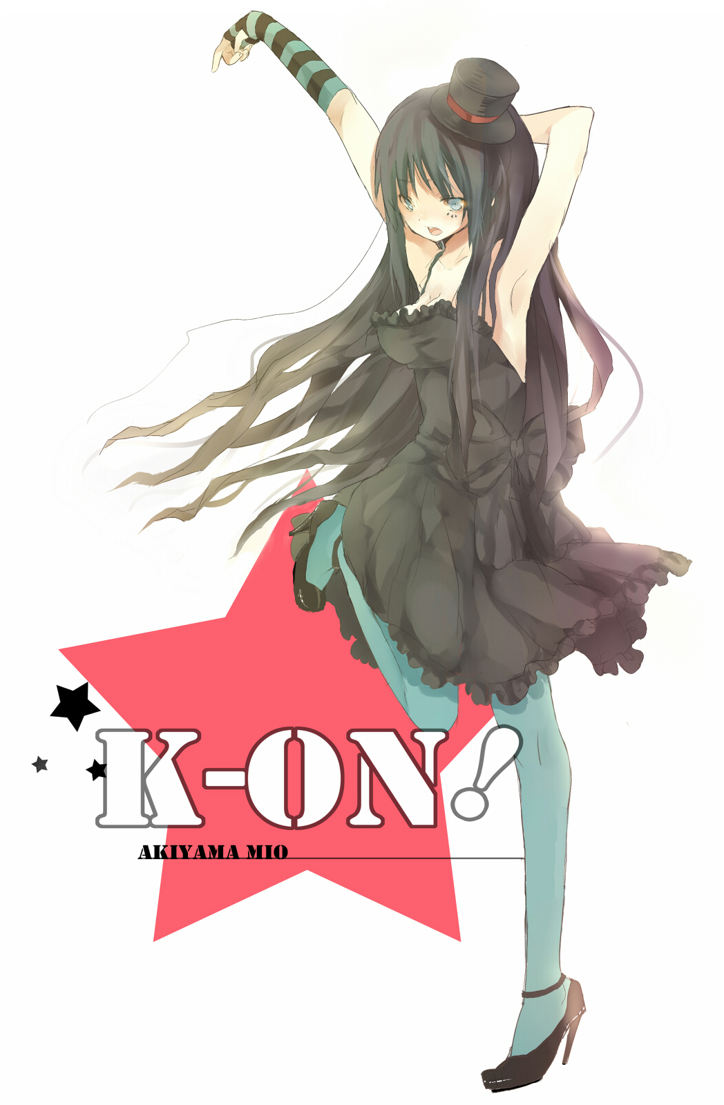 heca, akiyama mio, don't say "lazy", k-on!, bad id, bad pixiv id, highres, 00s, 1girl, armpits, black hair, blue eyes, blue pantyhose, dress, female focus, hat, long hair, mini hat, mini top hat, pantyhose, solo, top hat