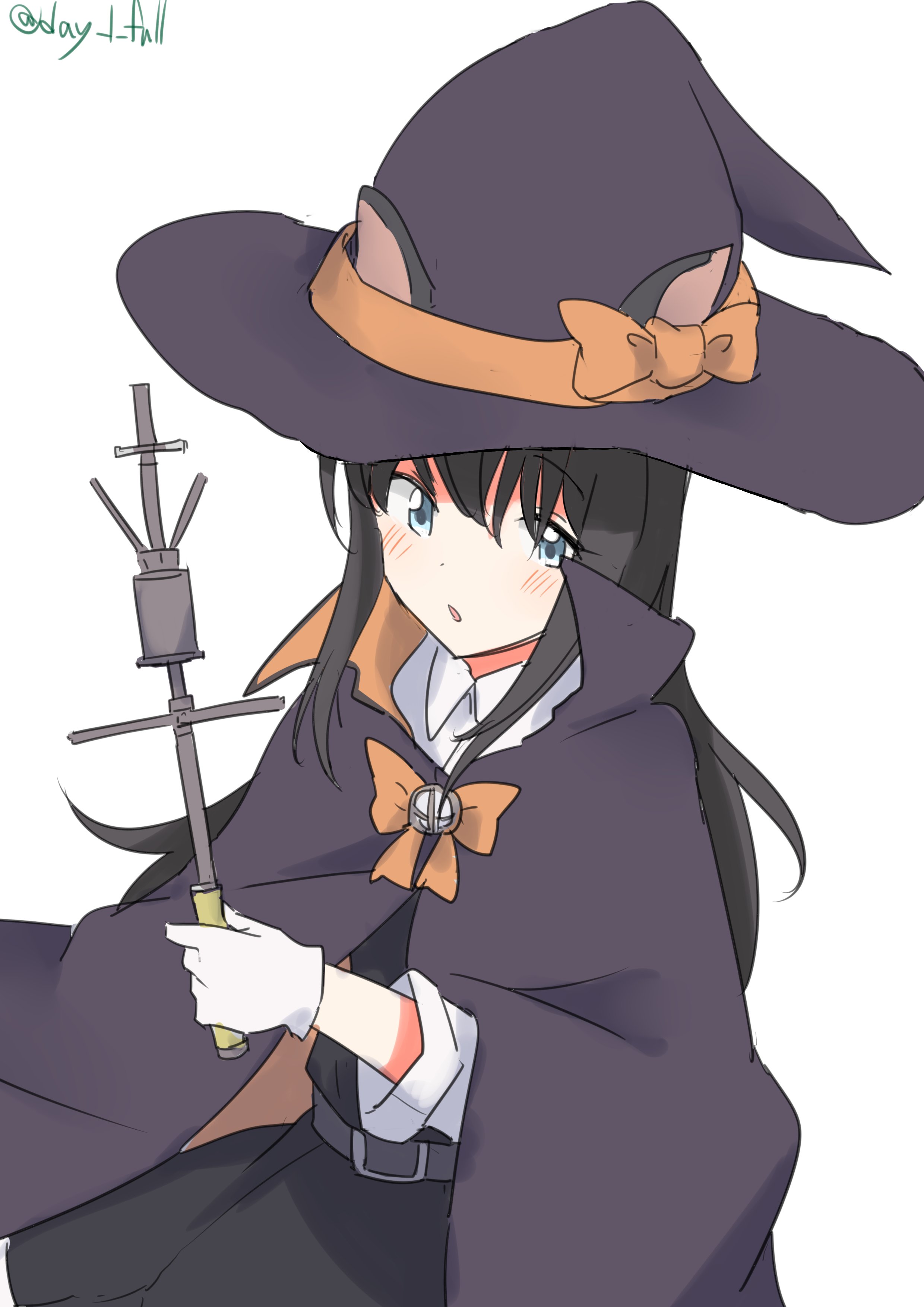 robinson (day l full), asashio (halloween) (kancolle), asashio (kancolle), asashio kai ni (kancolle), kantai collection, absurdres, highres, 1girl, black cape, black dress, black hair, black hat, blue eyes, bow, bowtie, cape, collared shirt, dress, dress shirt, gloves, halloween costume, hat, long hair, mast, one-hour drawing challenge, orange bow, orange bowtie, pinafore dress, searchlight, shirt, simple background, sleeveless, sleeveless dress, solo, twitter username, wand, white background, white gloves, white shirt, witch hat