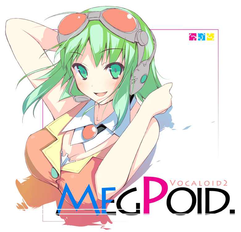 mizoguchi keiji, gumi, vocaloid, 1girl, breasts, cleavage, female focus, goggles, gradient hair, green eyes, green hair, headset, large breasts, matching hair/eyes, multicolored hair, sidelocks, smile, solo, upper body, wing collar