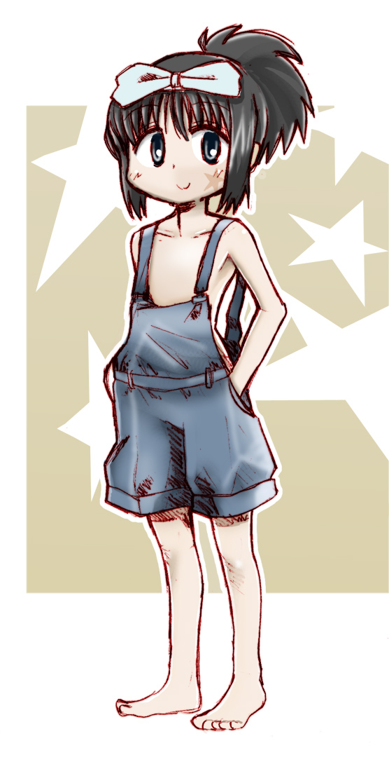 brother tomita, kunihiro hajime, saki (manga), bad id, bad pixiv id, 00s, 1girl, barefoot, black eyes, black hair, bow, female focus, flat chest, hair bow, naked overalls, overalls, ponytail, smile, solo, star (symbol), white background