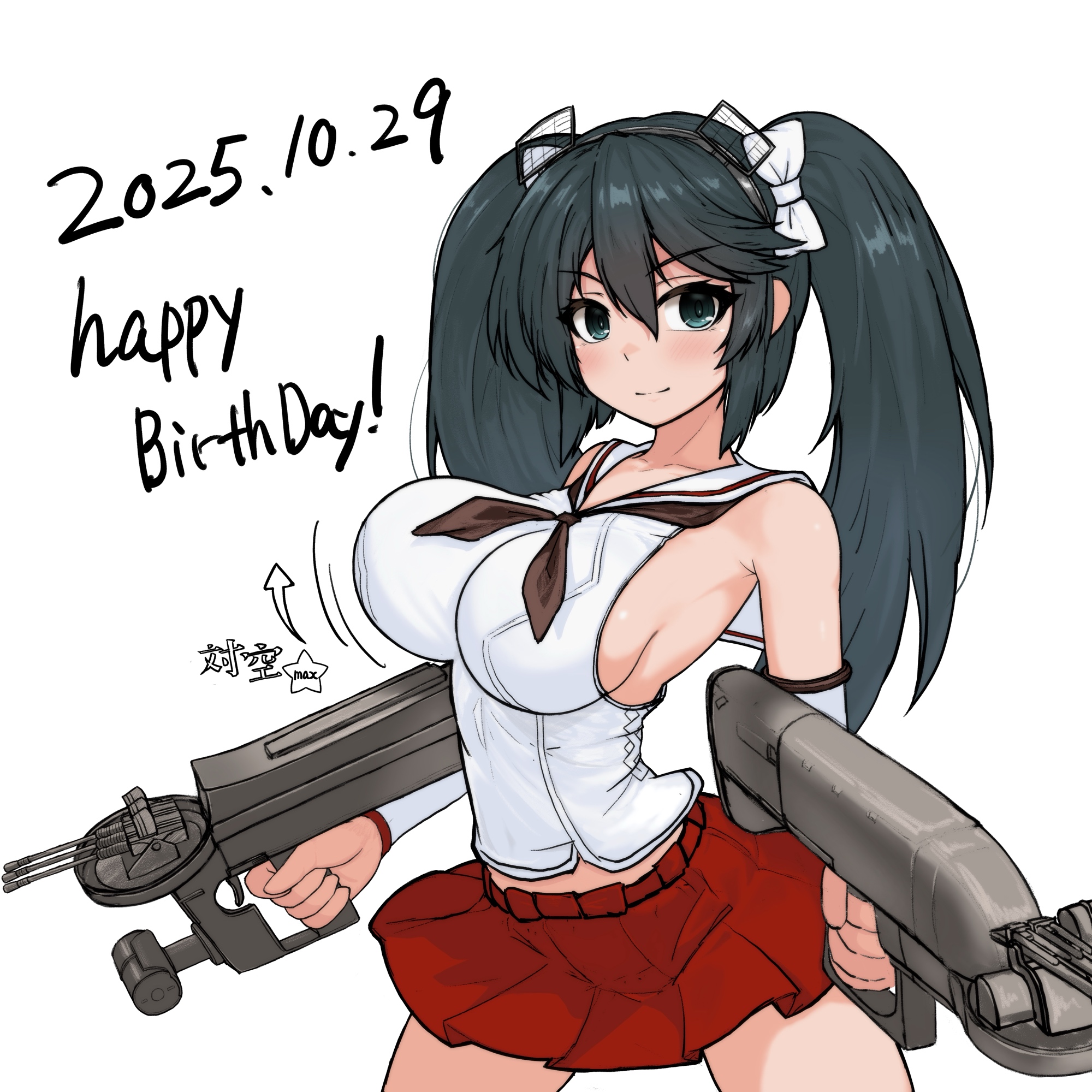 kinakomochi (testament05), isuzu (kancolle), isuzu kai ni (kancolle), kantai collection, commentary request, highres, 1girl, birthday, black hair, bouncing breasts, breasts, brown neckerchief, cowboy shot, dated, detached sleeves, dual wielding, grey eyes, gun, holding, large breasts, long hair, neckerchief, red skirt, sailor collar, shirt, simple background, skirt, sleeveless, sleeveless shirt, solo, twintails, weapon, white background, white sailor collar