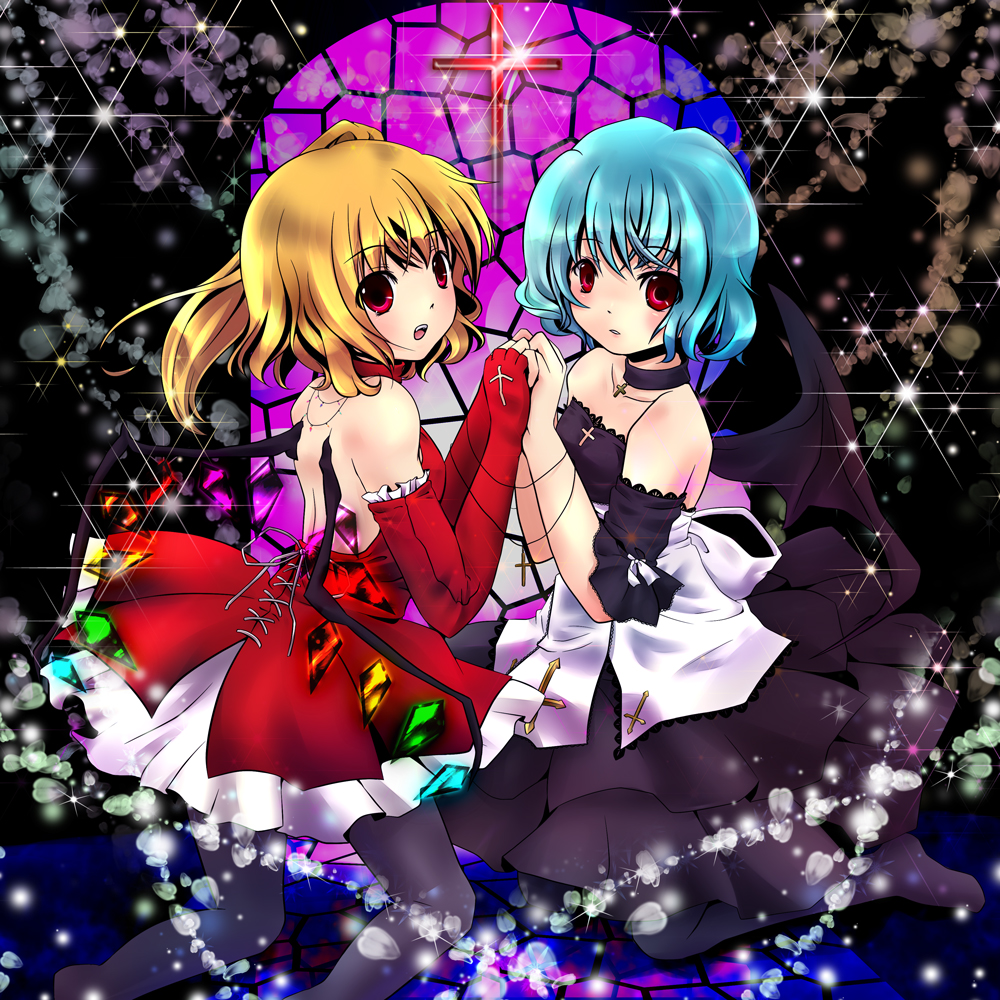 akina (artist), akina (schism), flandre scarlet, remilia scarlet, touhou, bad id, bad pixiv id, 2girls, bare shoulders, bat wings, blonde hair, blue hair, elbow gloves, female focus, fingerless gloves, gloves, multiple girls, pantyhose, ponytail, red eyes, short hair, siblings, side ponytail, sisters, wings