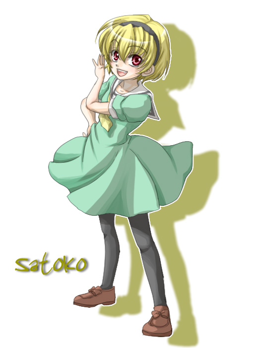 hishou kotatsu, houjou satoko, higurashi no naku koro ni, 00s, blonde hair, dress, hairband, pantyhose, red eyes, sailor dress, short hair, solo