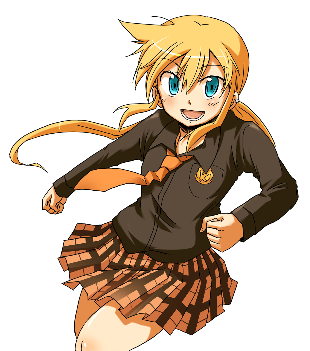 pikachi, kageyama torako, hyakko, highres, 00s, 1girl, blue eyes, blush, earrings, female focus, jewelry, long hair, necktie, orange hair, plaid clothes, plaid skirt, ponytail, school uniform, simple background, skirt, smile, solo, white background